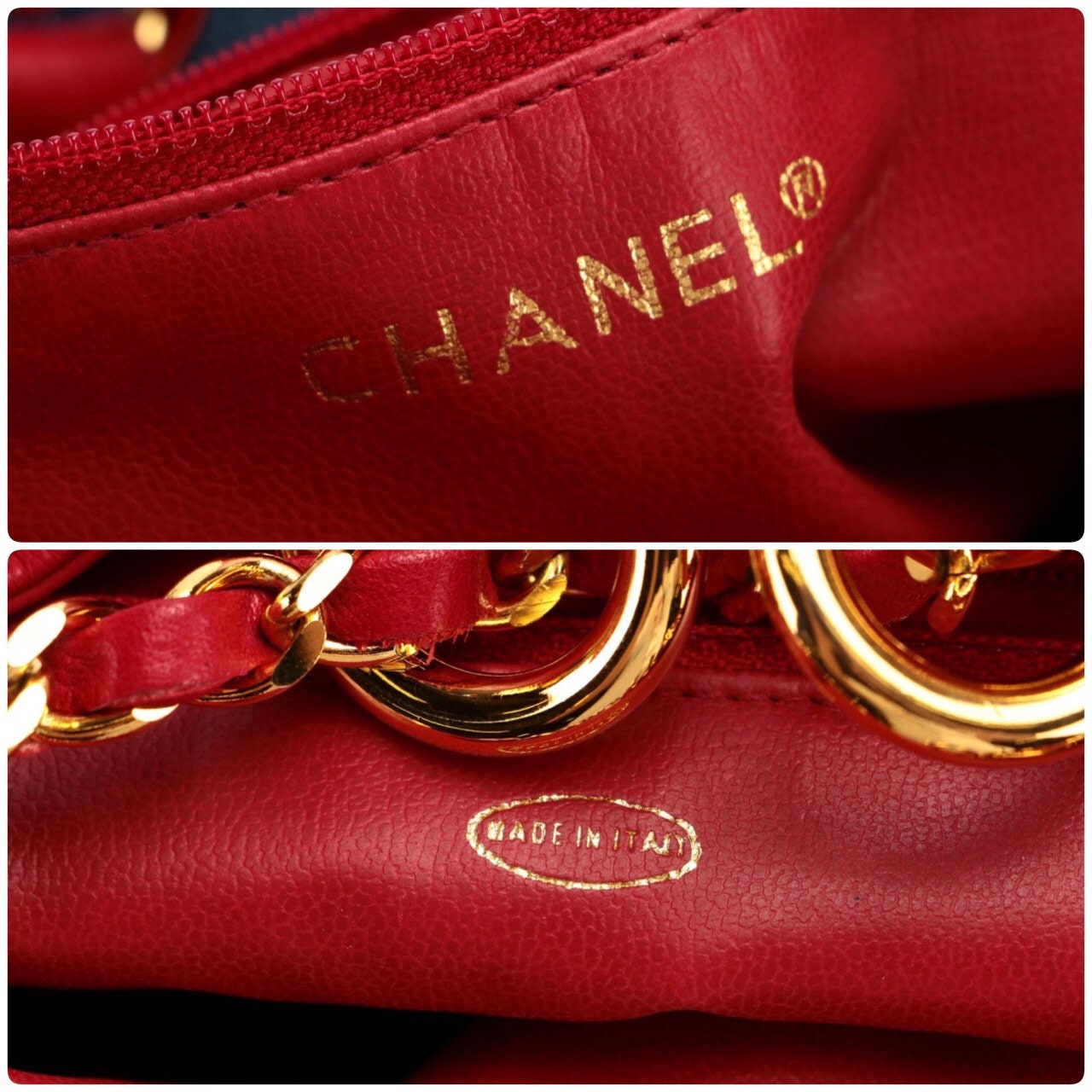 CHANEL 1989 Quilted Denim and Red Lamb Skin Leather Gold Chain Rare Bucket Bag Backpack Huge!