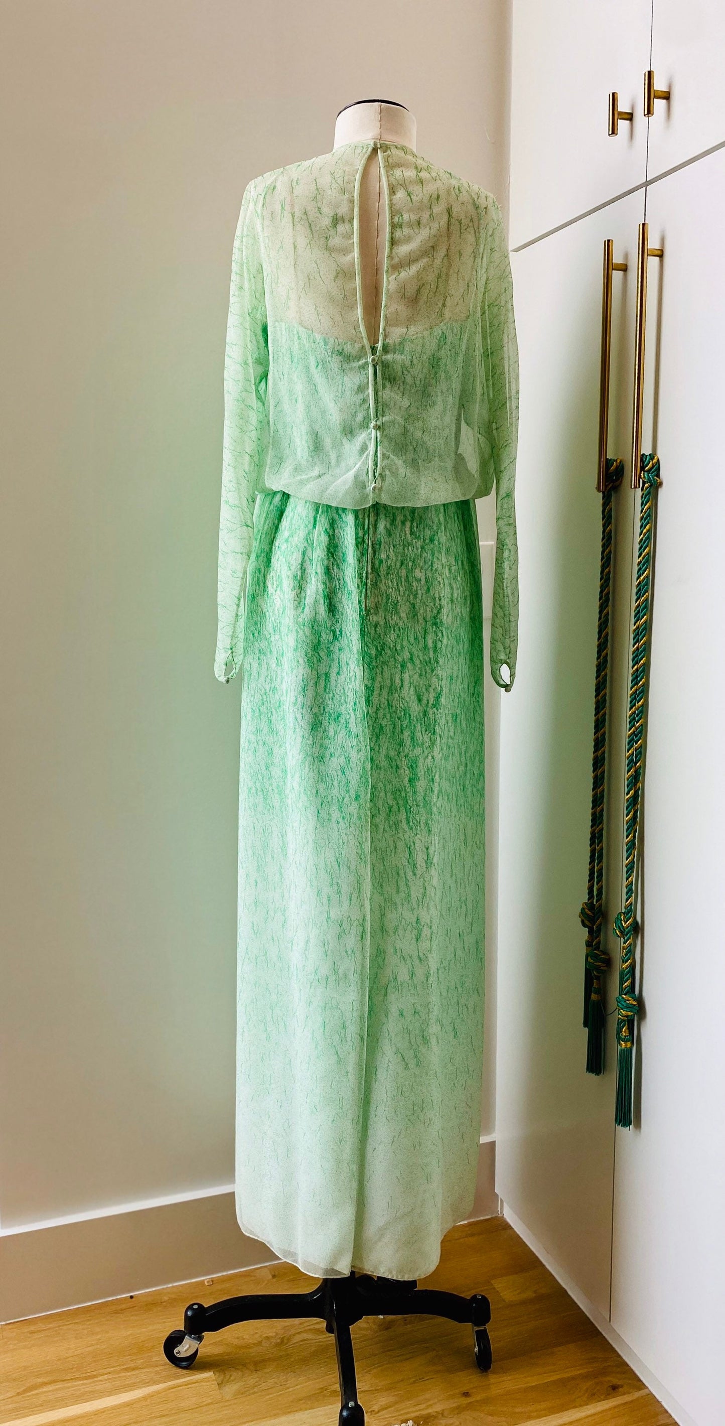 Small 70s Neiman Marcus Shannon Rogers for Jerry Silverman White and Green Maxi Dress with Chiffon Long Sleeves Overlay