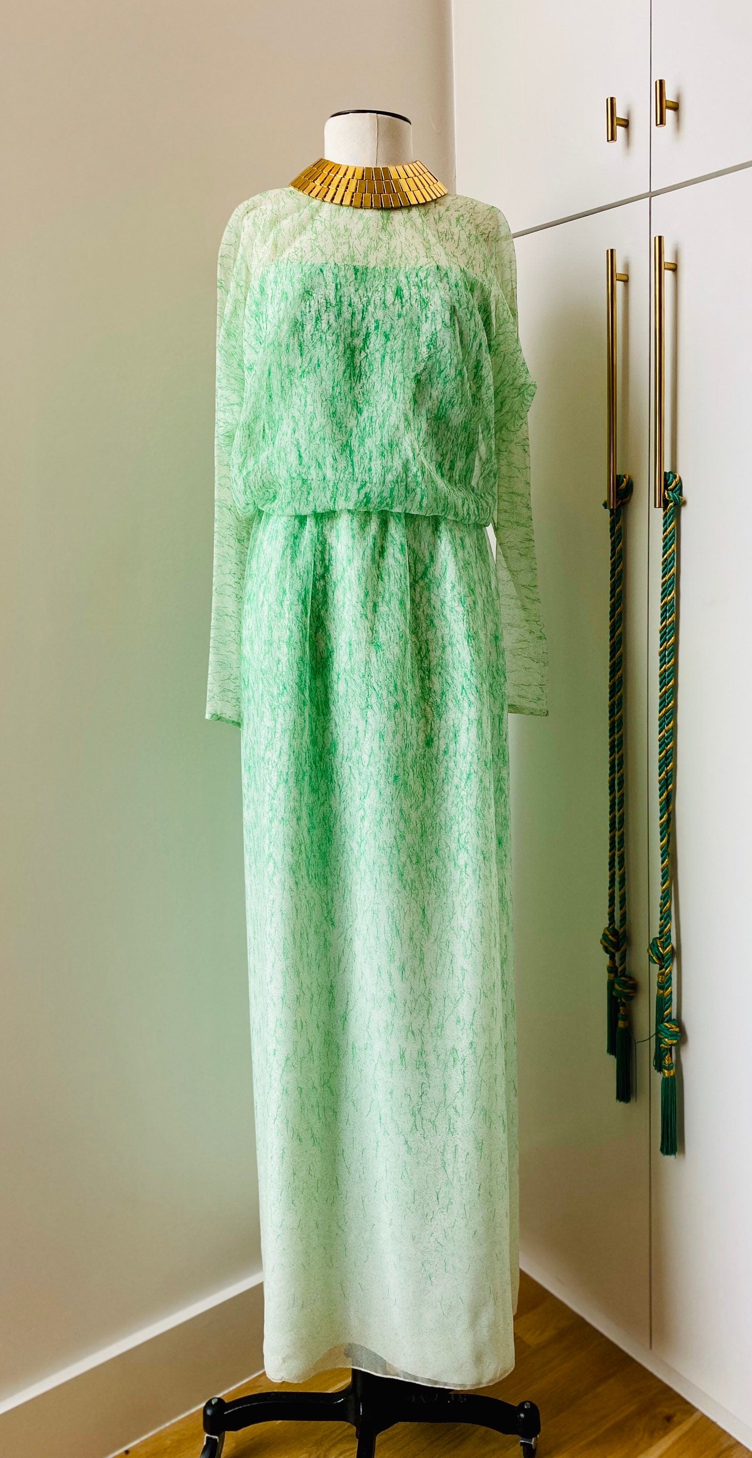 Small 70s Neiman Marcus Shannon Rogers for Jerry Silverman White and Green Maxi Dress with Chiffon Long Sleeves Overlay