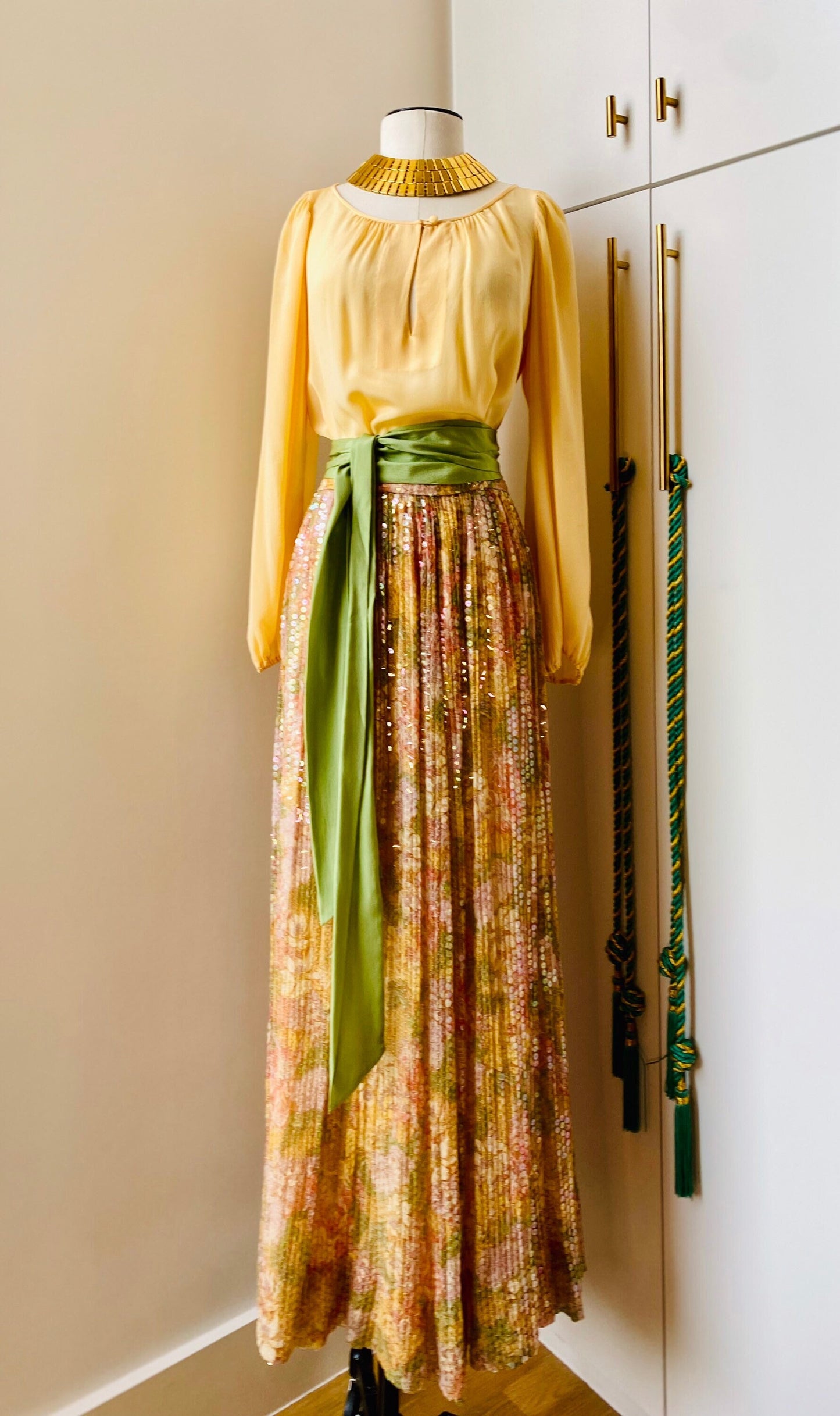 Adele Simpson Vintage Silk Floral Maxi Bohemian Ensemble Puffy Sleeves, Pleated Beaded Floral Maxi