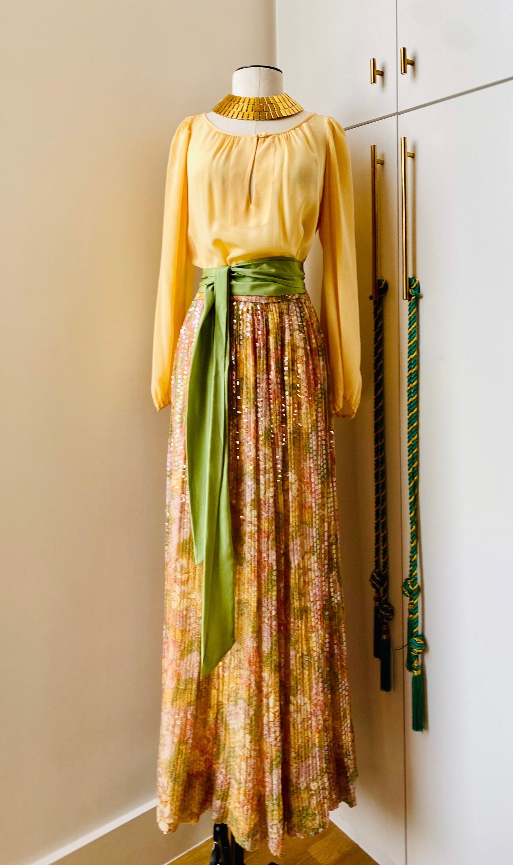 Adele Simpson Vintage Silk Floral Maxi Bohemian Ensemble Puffy Sleeves, Pleated Beaded Floral Maxi