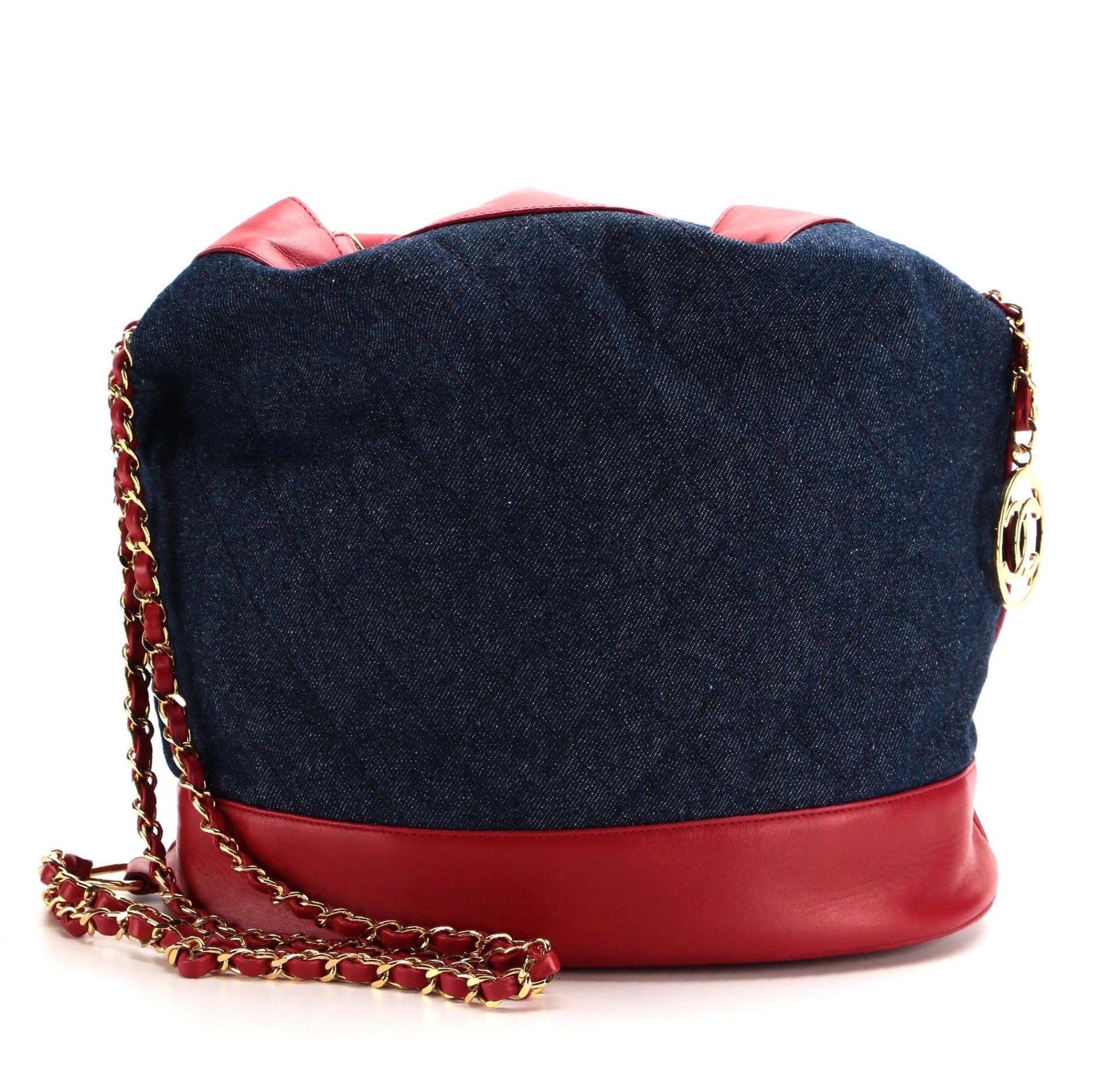 CHANEL 1989 Quilted Denim and Red Lamb Skin Leather Gold Chain Rare Bucket Bag Backpack Huge!