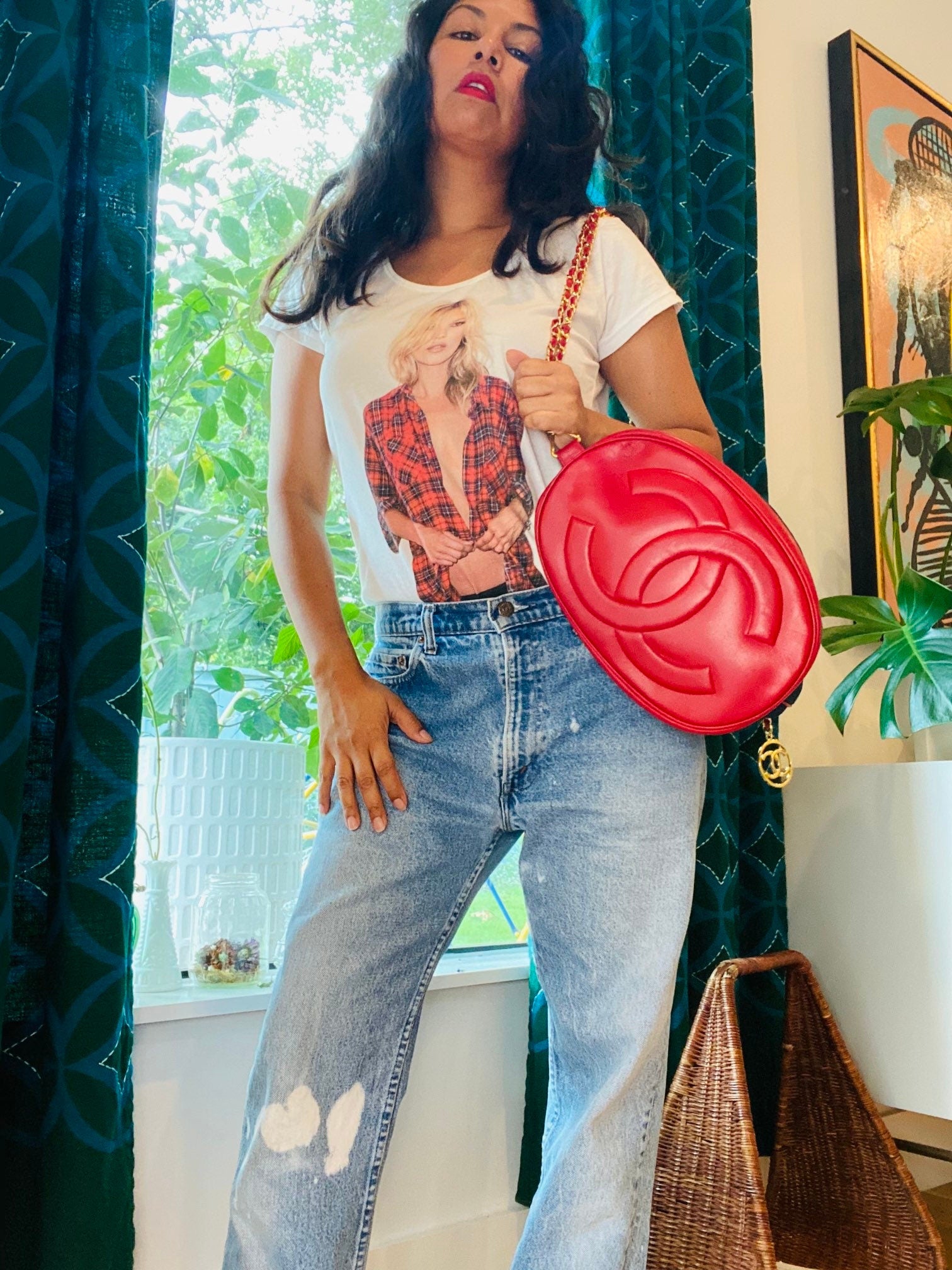 CHANEL 1989 Quilted Denim and Red Lamb Skin Leather Gold Chain Rare Bucket Bag Backpack Huge!