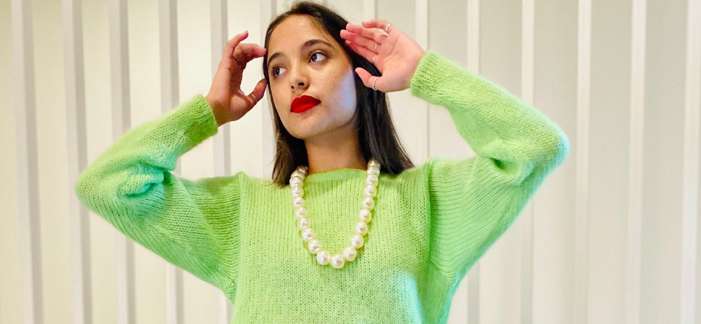 80s Mohair Blend Lime Green Fuzzy Sweater with Bat Sleeves