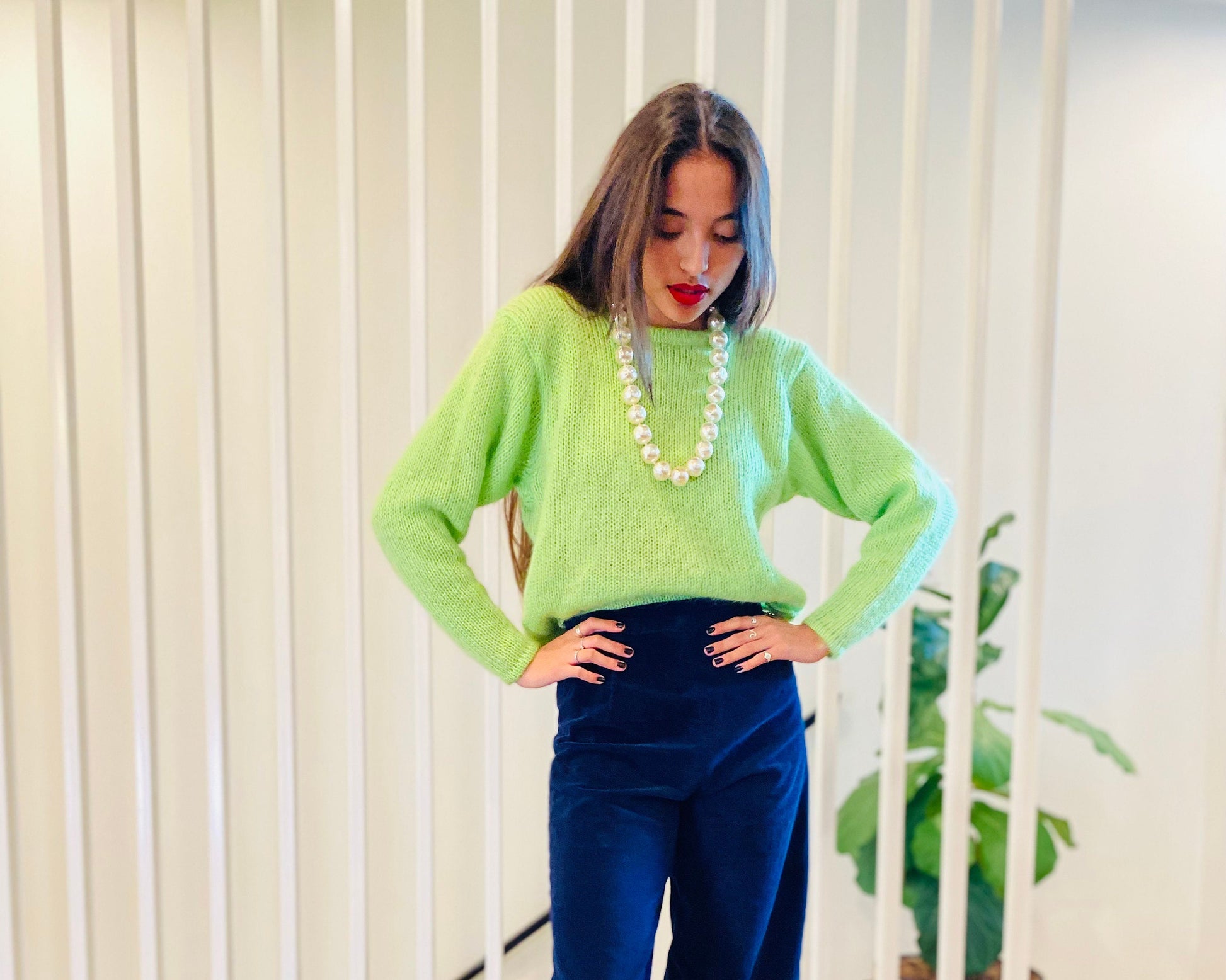 80s Mohair Blend Lime Green Fuzzy Sweater with Bat Sleeves