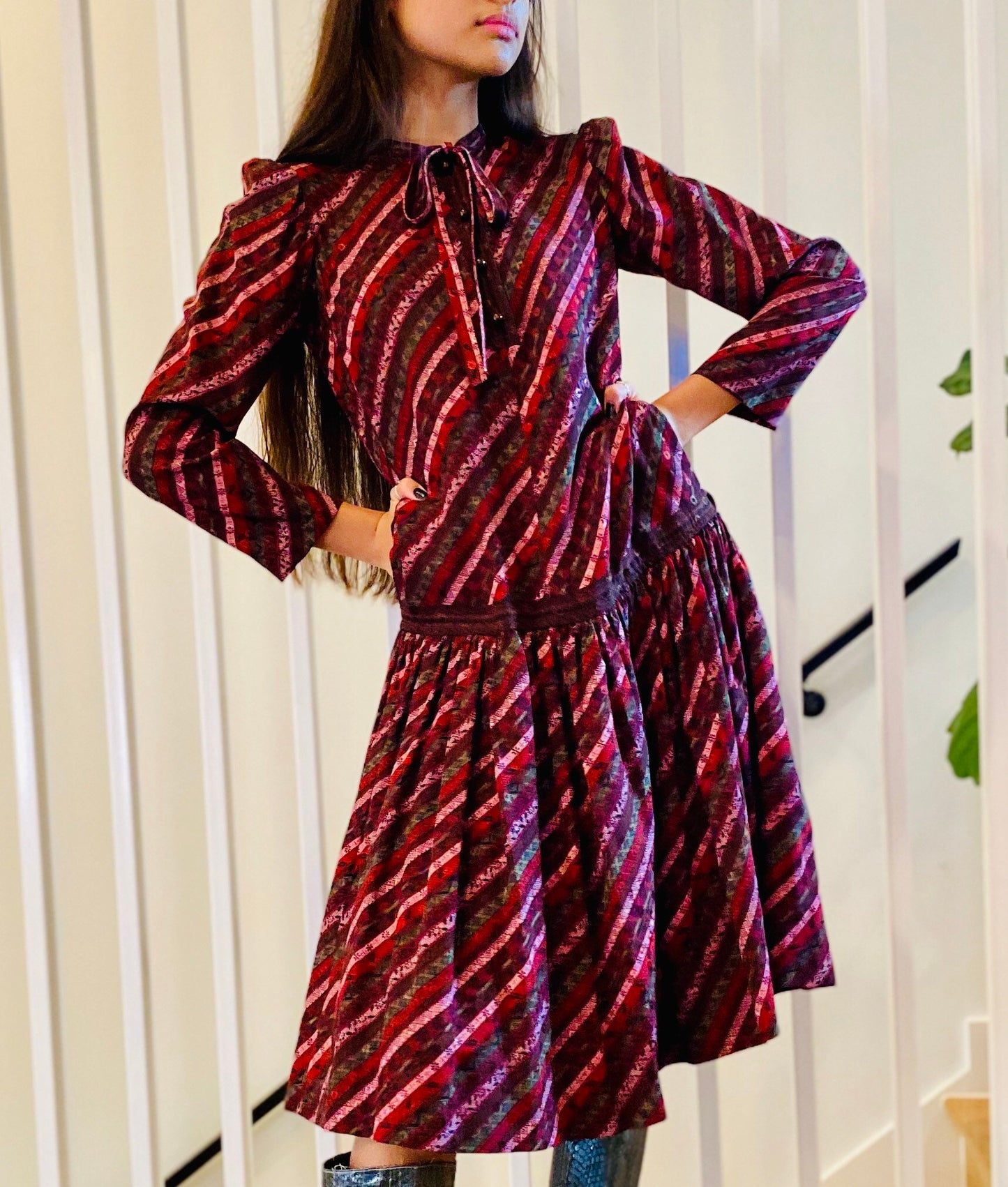 70s UNGARO Jewel Tone Drop Waist Silk Long Sleeves Neck Tie Dress with Pockets