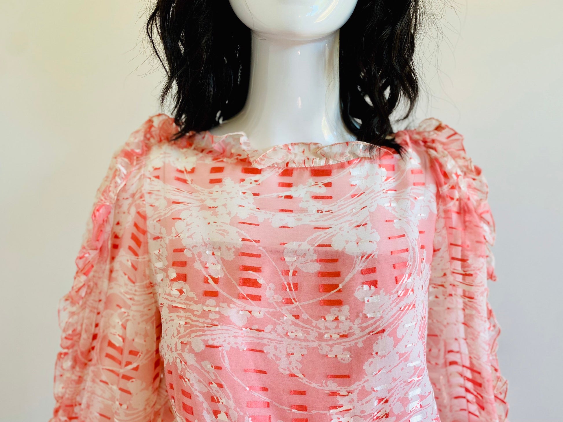 XS/S 70s Gentillesse by Diane Dickinson Silk Burn Out Printed Iridescent Ruffled Neckline Chiffon Dress Balloon Sleeves NWT DeadStock