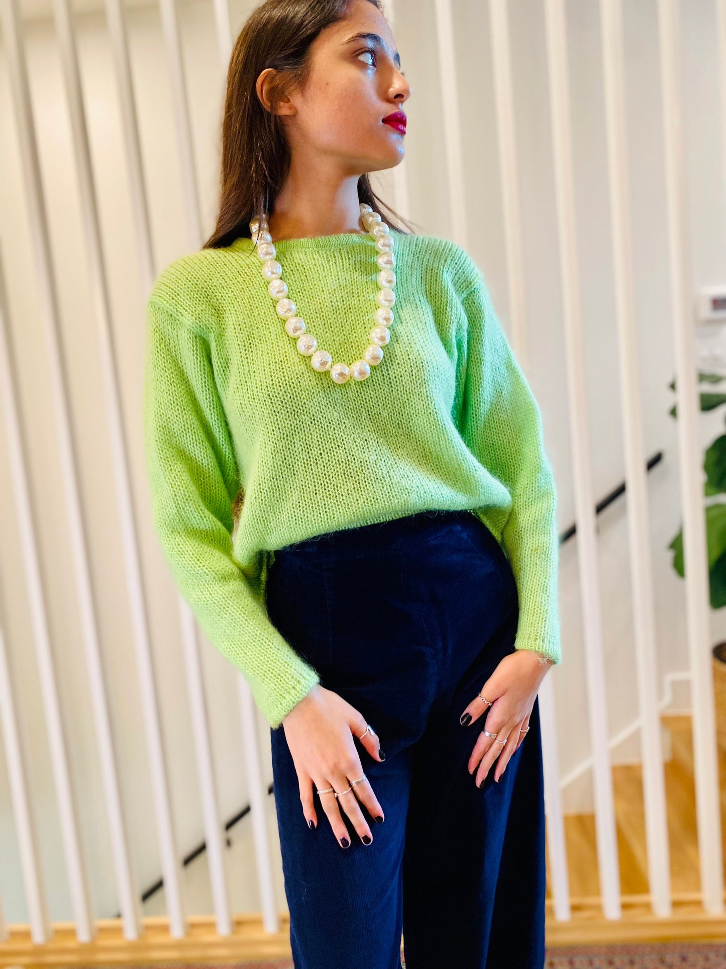 80s Mohair Blend Lime Green Fuzzy Sweater with Bat Sleeves
