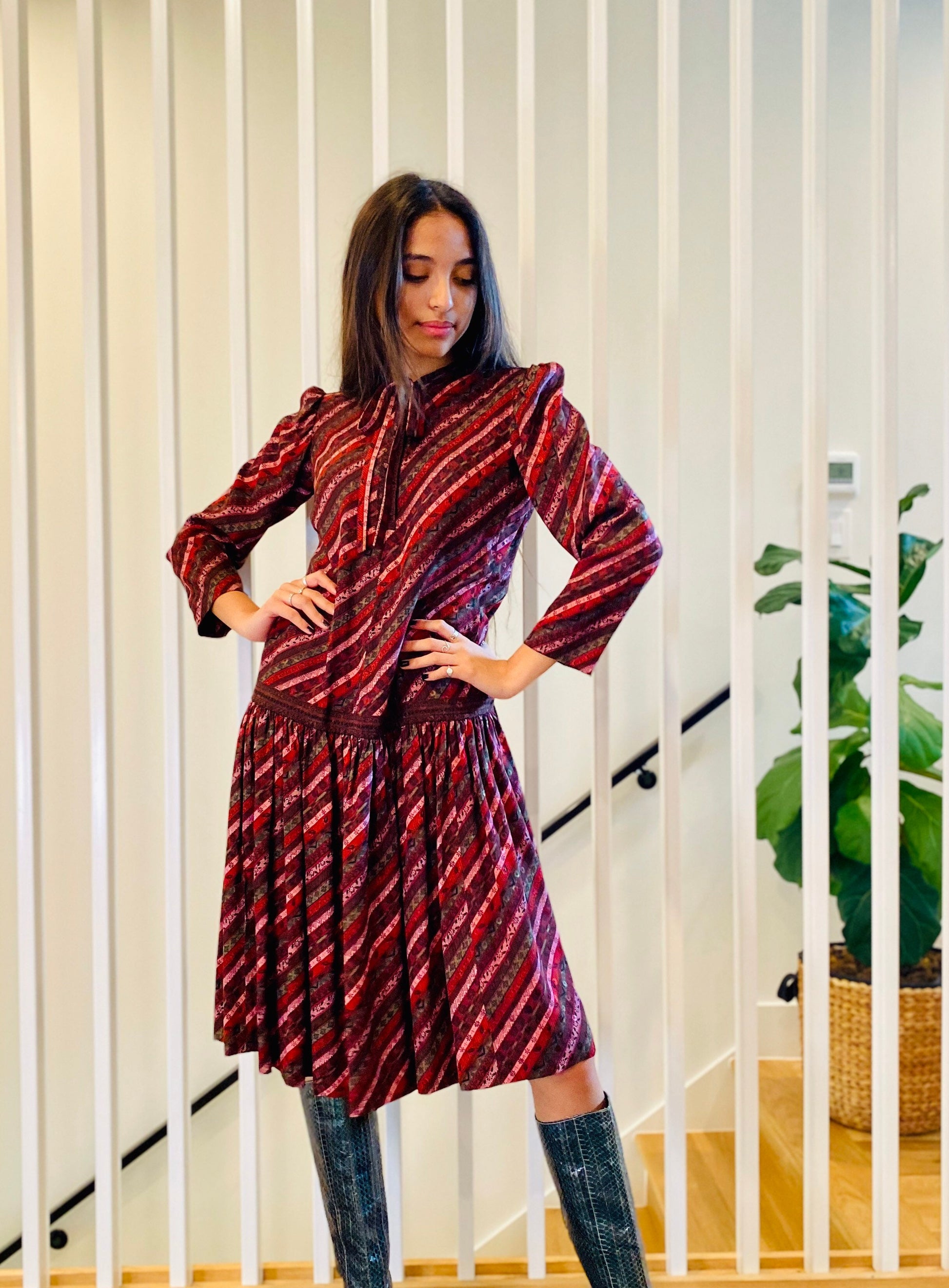 70s UNGARO Jewel Tone Drop Waist Silk Long Sleeves Neck Tie Dress with Pockets