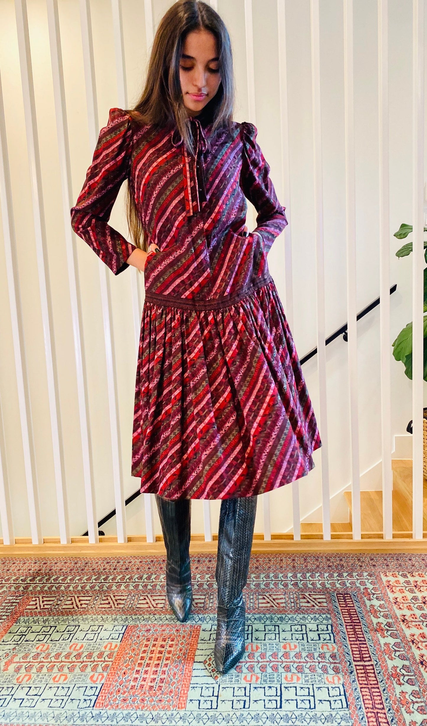 70s UNGARO Jewel Tone Drop Waist Silk Long Sleeves Neck Tie Dress with Pockets