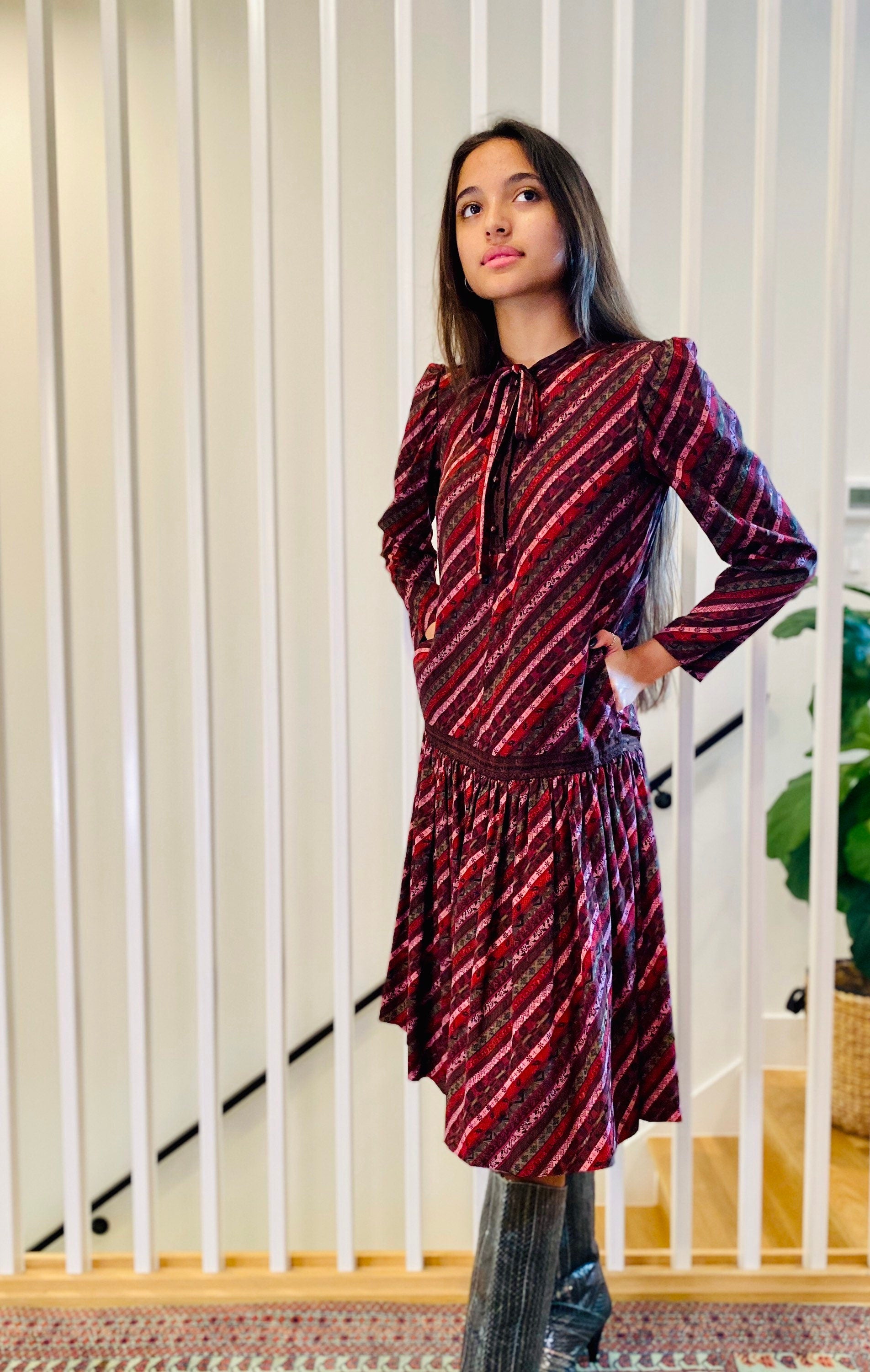 70s UNGARO Jewel Tone Drop Waist Silk Long Sleeves Neck Tie Dress with Pockets