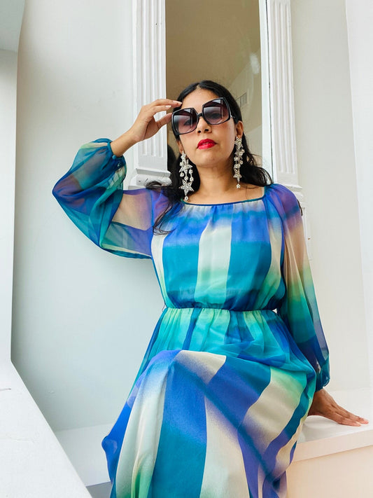 MCM 60s Blue Abstract Print Designer Balloon Sleeves Maxi Dress Gown 30" Waist