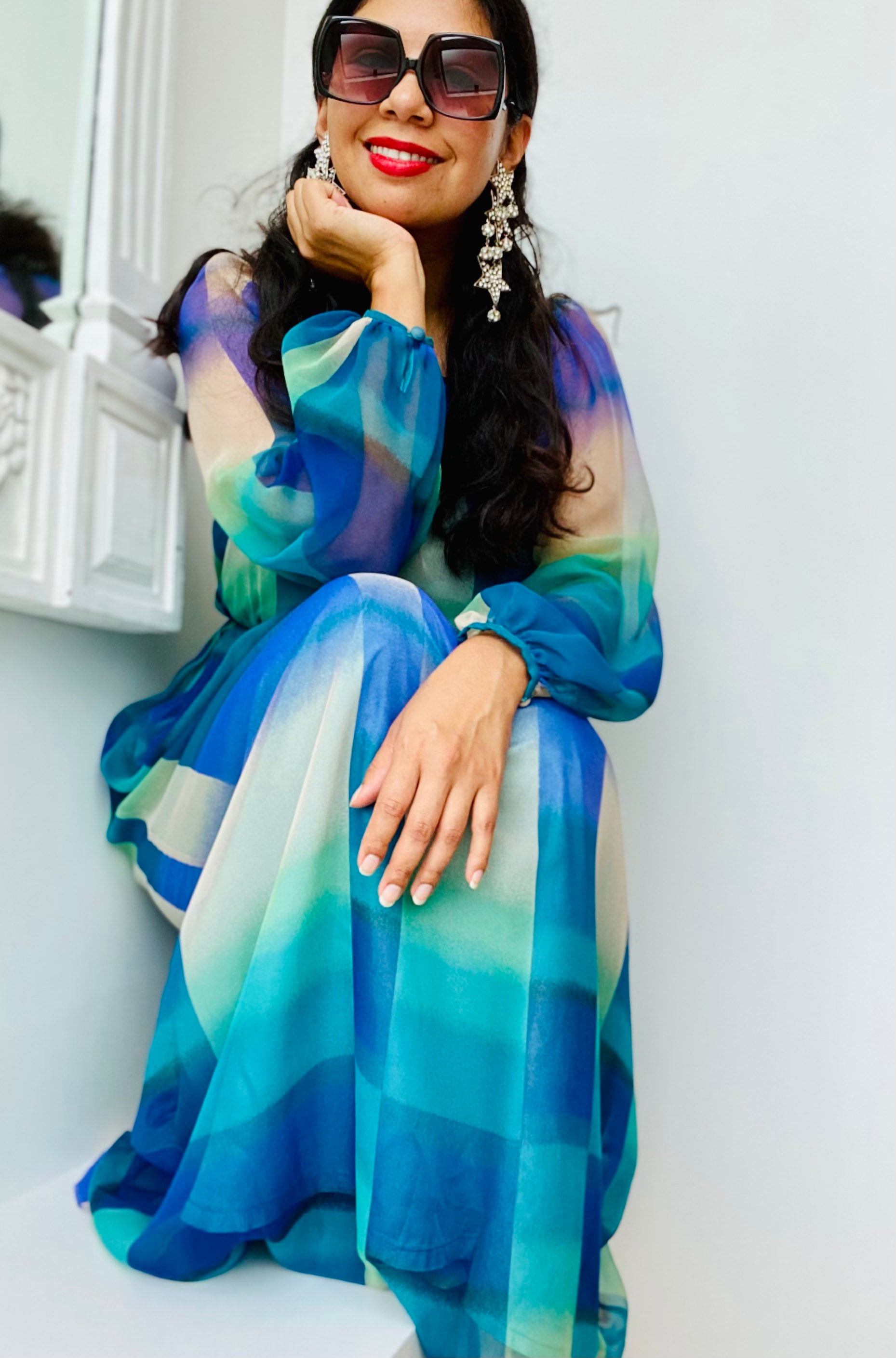 MCM 60s Blue Abstract Print Designer Balloon Sleeves Maxi Dress Gown 30" Waist