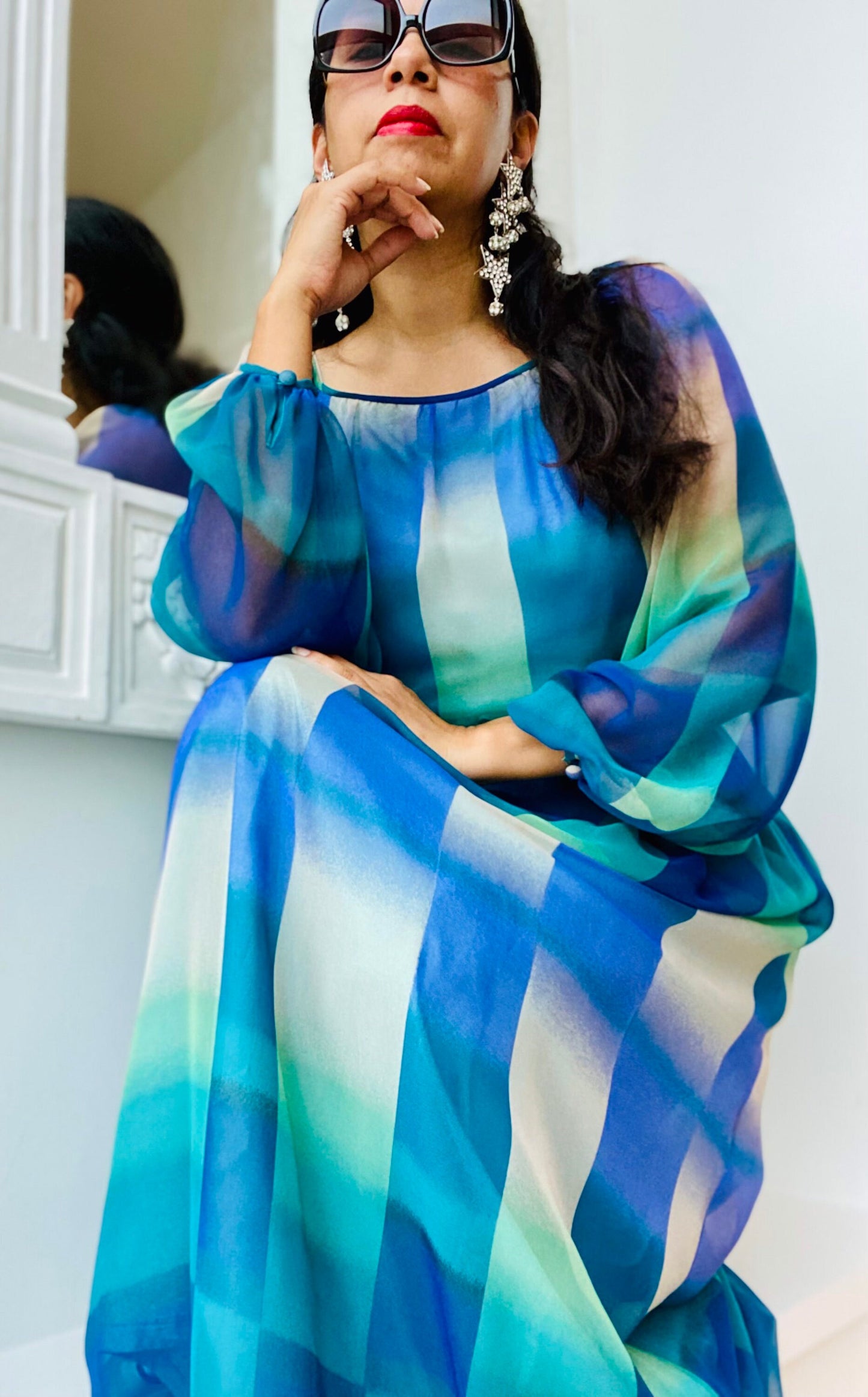 MCM 60s Blue Abstract Print Designer Balloon Sleeves Maxi Dress Gown 30" Waist