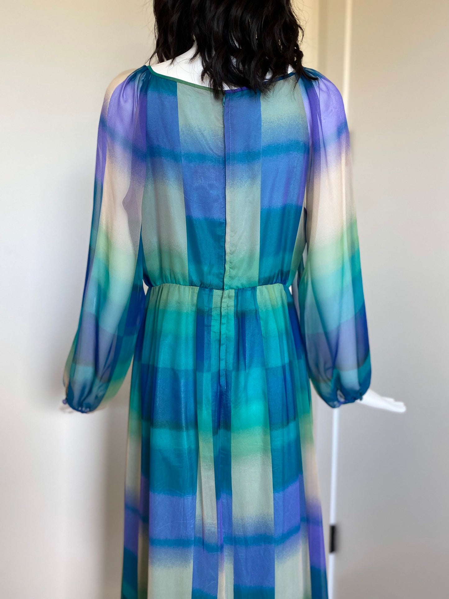 MCM 60s Blue Abstract Print Designer Balloon Sleeves Maxi Dress Gown 30" Waist