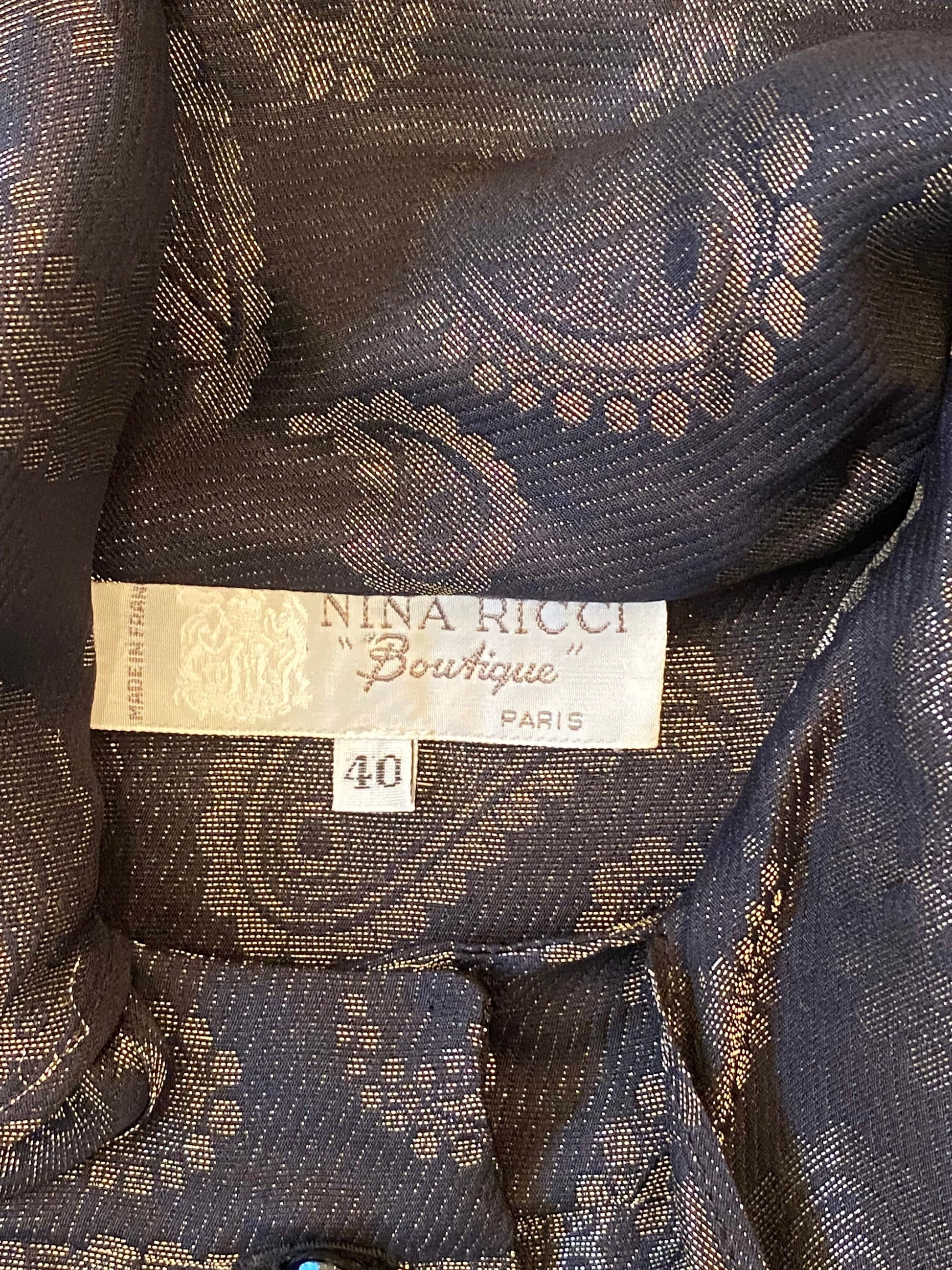 Vintage Nina RICCI Black and Gold Silk/Lurex Blend Brocade Paisley Print Blouse with Puffy Dramatic Sleeves Cuffs Bow Necktie Made in France