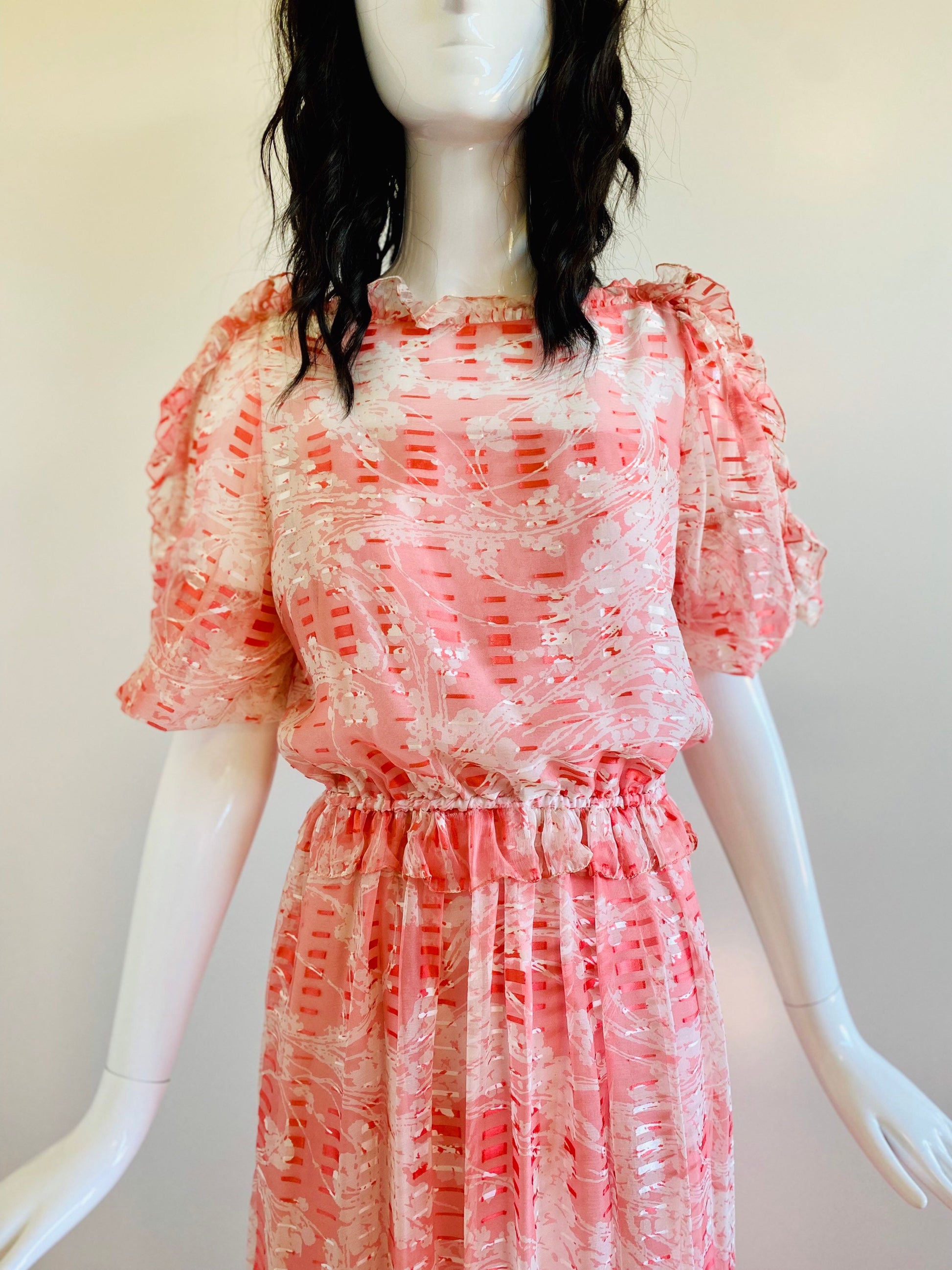 XS/S 70s Gentillesse by Diane Dickinson Silk Burn Out Printed Iridescent Ruffled Neckline Chiffon Dress Balloon Sleeves NWT DeadStock