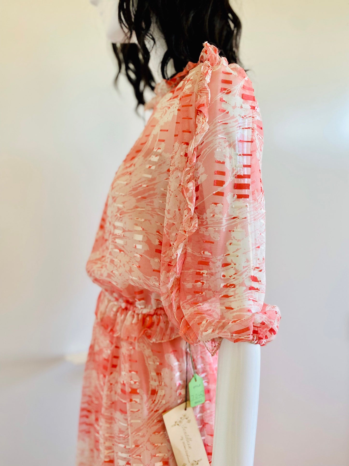 XS/S 70s Gentillesse by Diane Dickinson Silk Burn Out Printed Iridescent Ruffled Neckline Chiffon Dress Balloon Sleeves NWT DeadStock