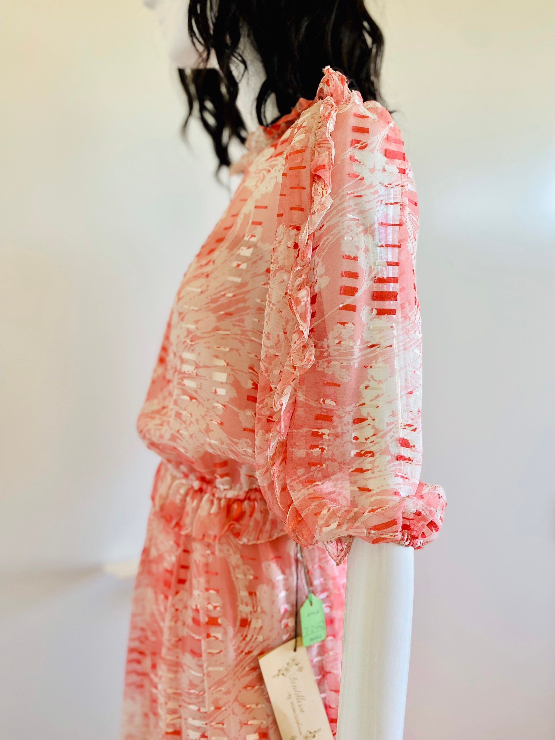 XS/S 70s Gentillesse by Diane Dickinson Silk Burn Out Printed Iridescent Ruffled Neckline Chiffon Dress Balloon Sleeves NWT DeadStock