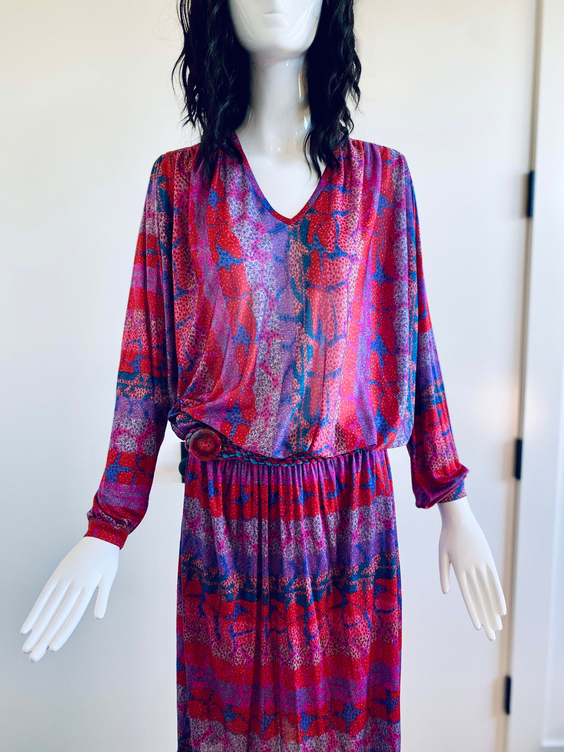 Small MISSONI 70s Silk Jersey Jewel Tones Bat Wing Sleeves Disco Drop Waist Dress Sexy Deep V Neck with Braided Belt