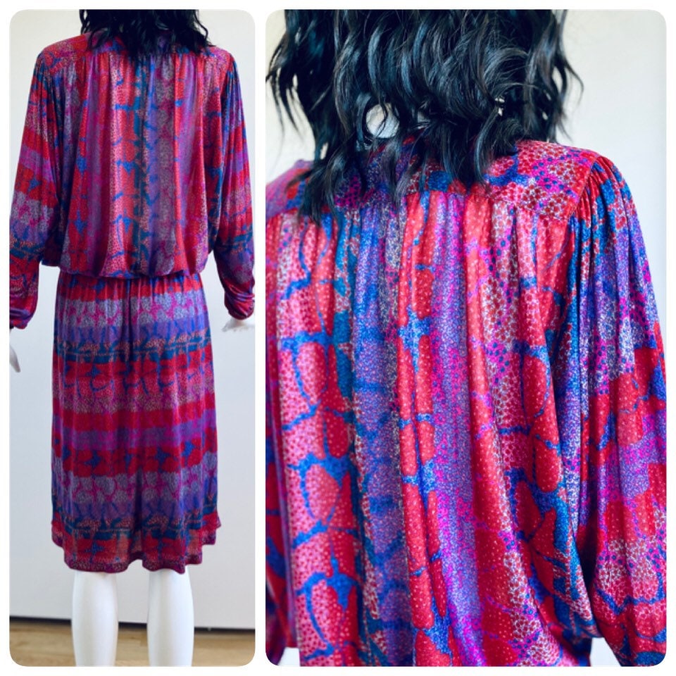 Small MISSONI 70s Silk Jersey Jewel Tones Bat Wing Sleeves Disco Drop Waist Dress Sexy Deep V Neck with Braided Belt