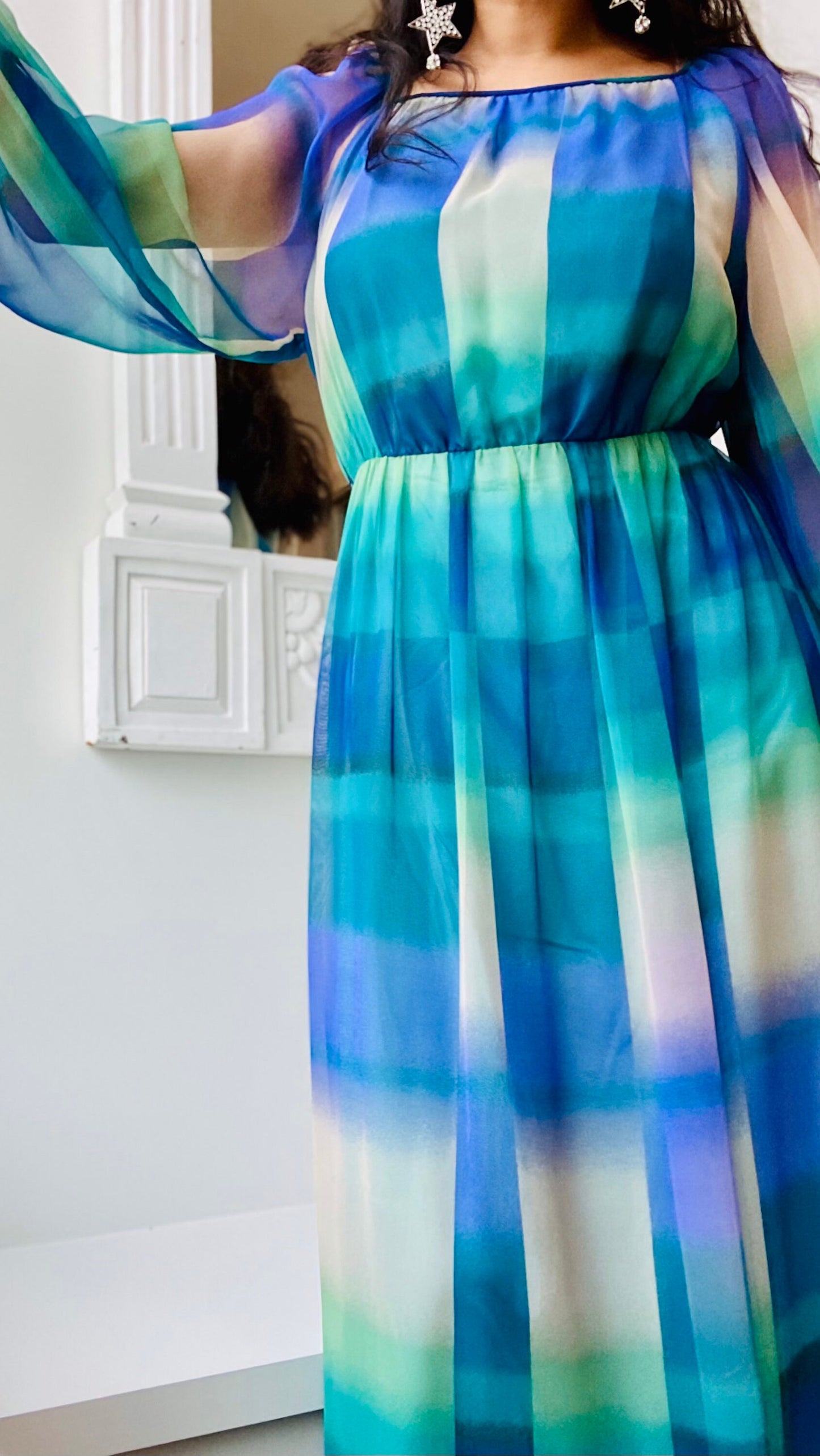 MCM 60s Blue Abstract Print Designer Balloon Sleeves Maxi Dress Gown 30" Waist