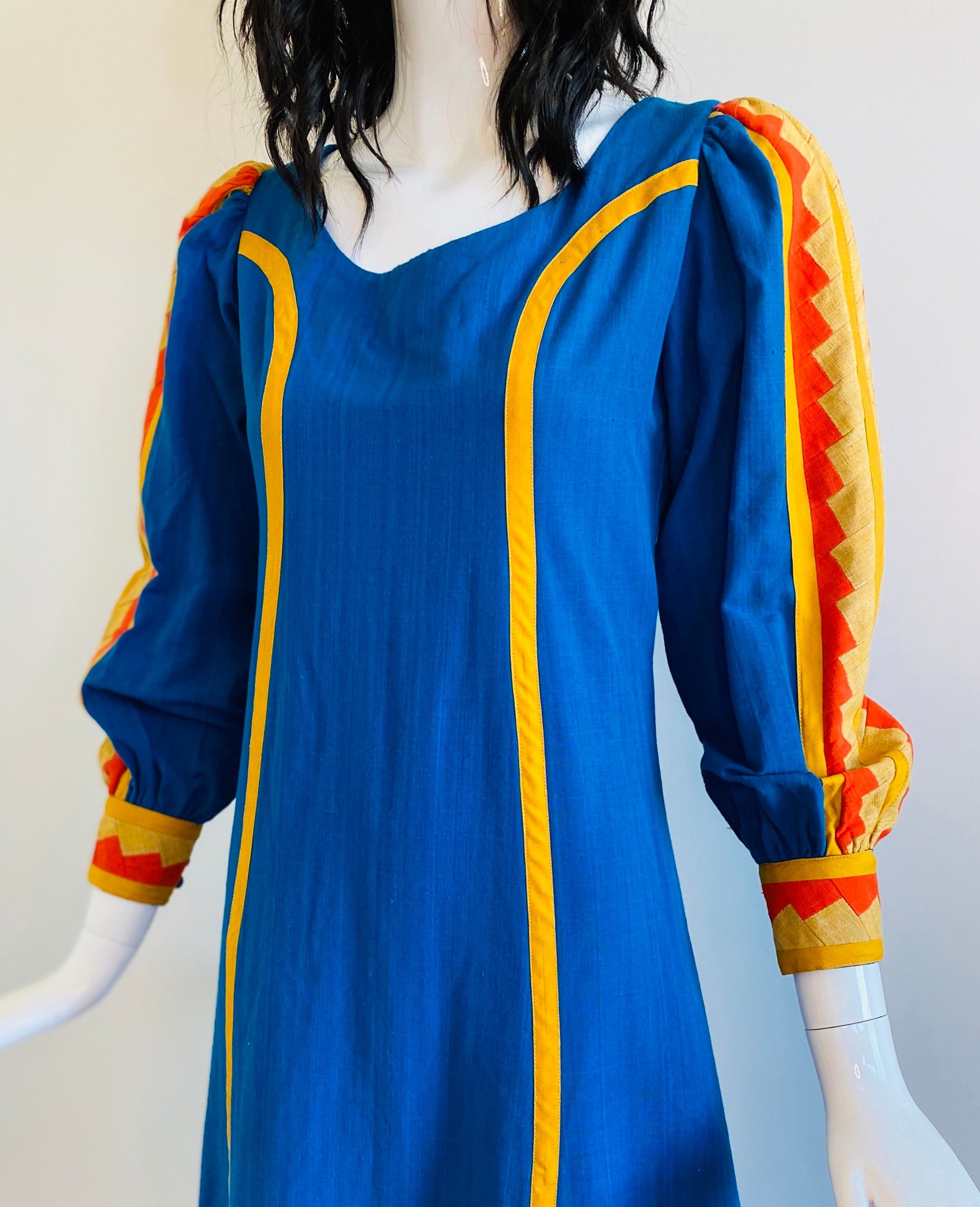 Small 70s Mexican Designer Josefa Blue Embroidered Cotton Kaftan Maxi Dress