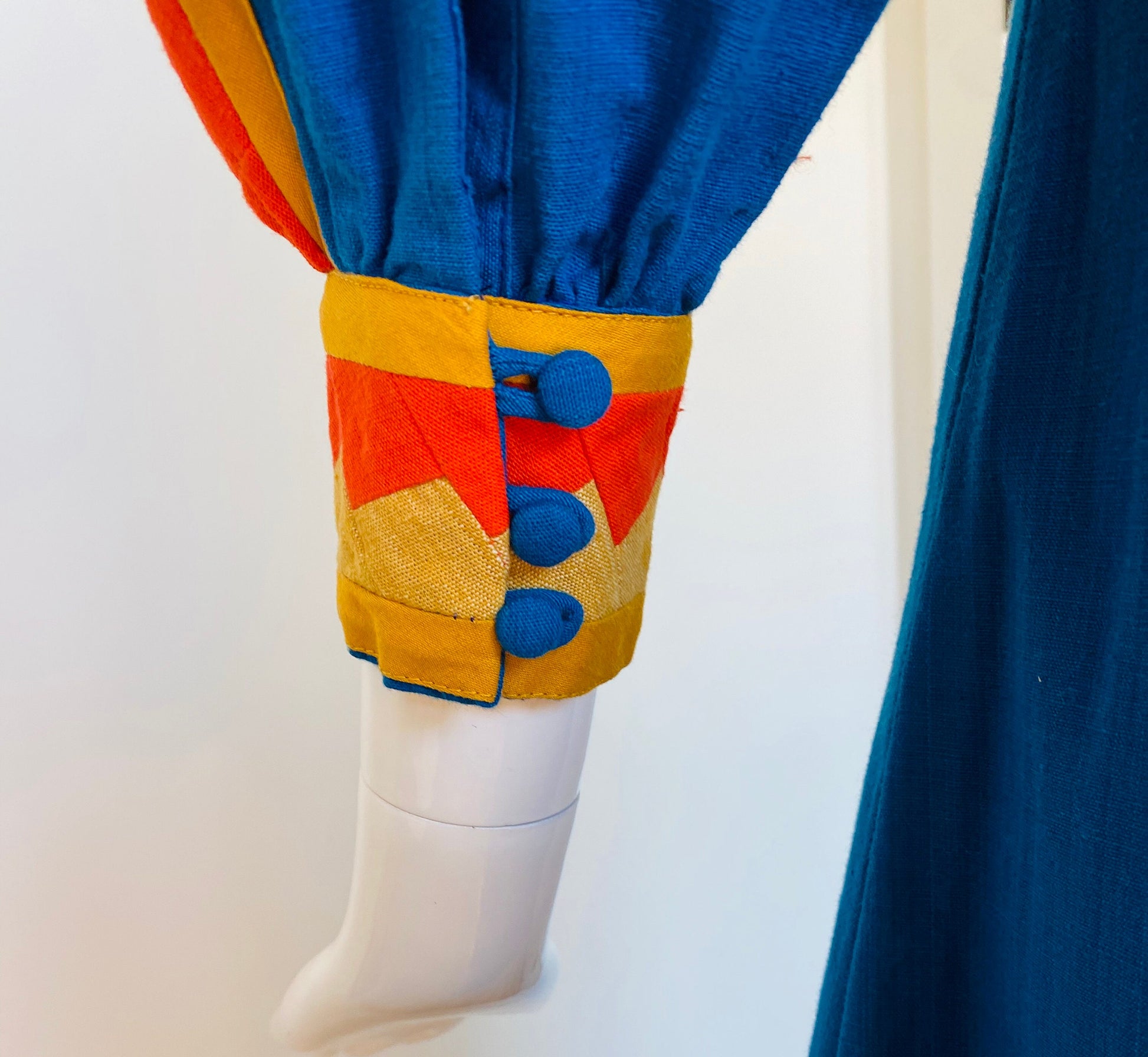 Small 70s Mexican Designer Josefa Blue Embroidered Cotton Kaftan Maxi Dress