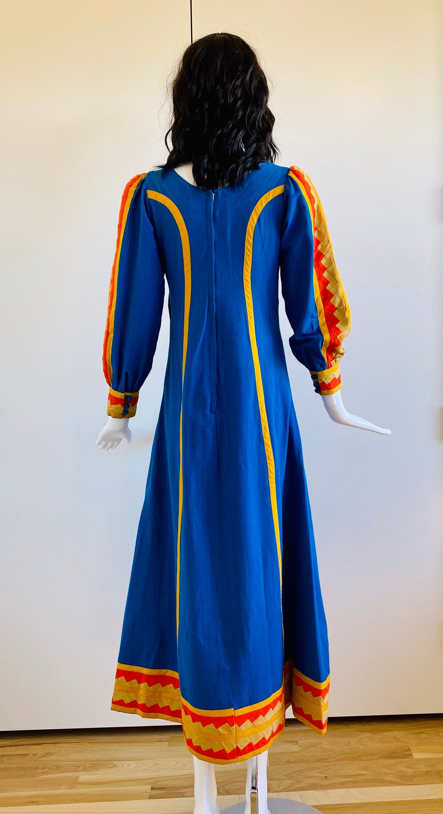 Small 70s Mexican Designer Josefa Blue Embroidered Cotton Kaftan Maxi Dress