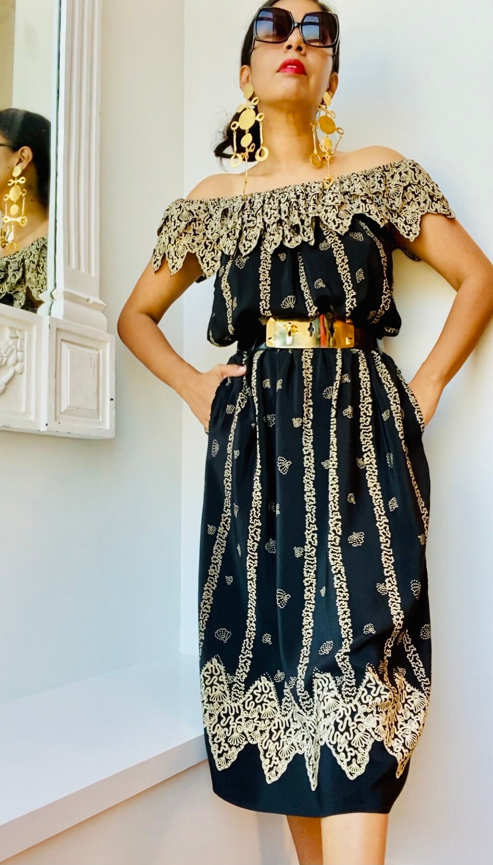 70s Zandra RHODES London Silk Iconic Print Black off The Shoulders Dress Medium