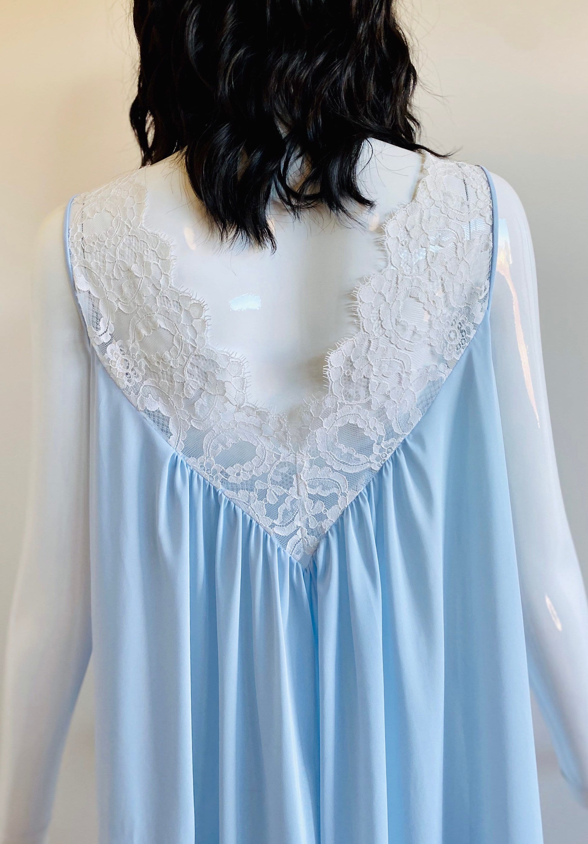 60s Lucie Ann Beverly Hills Claire Sandra Blue Nylon and Lace Sweeping Negligee