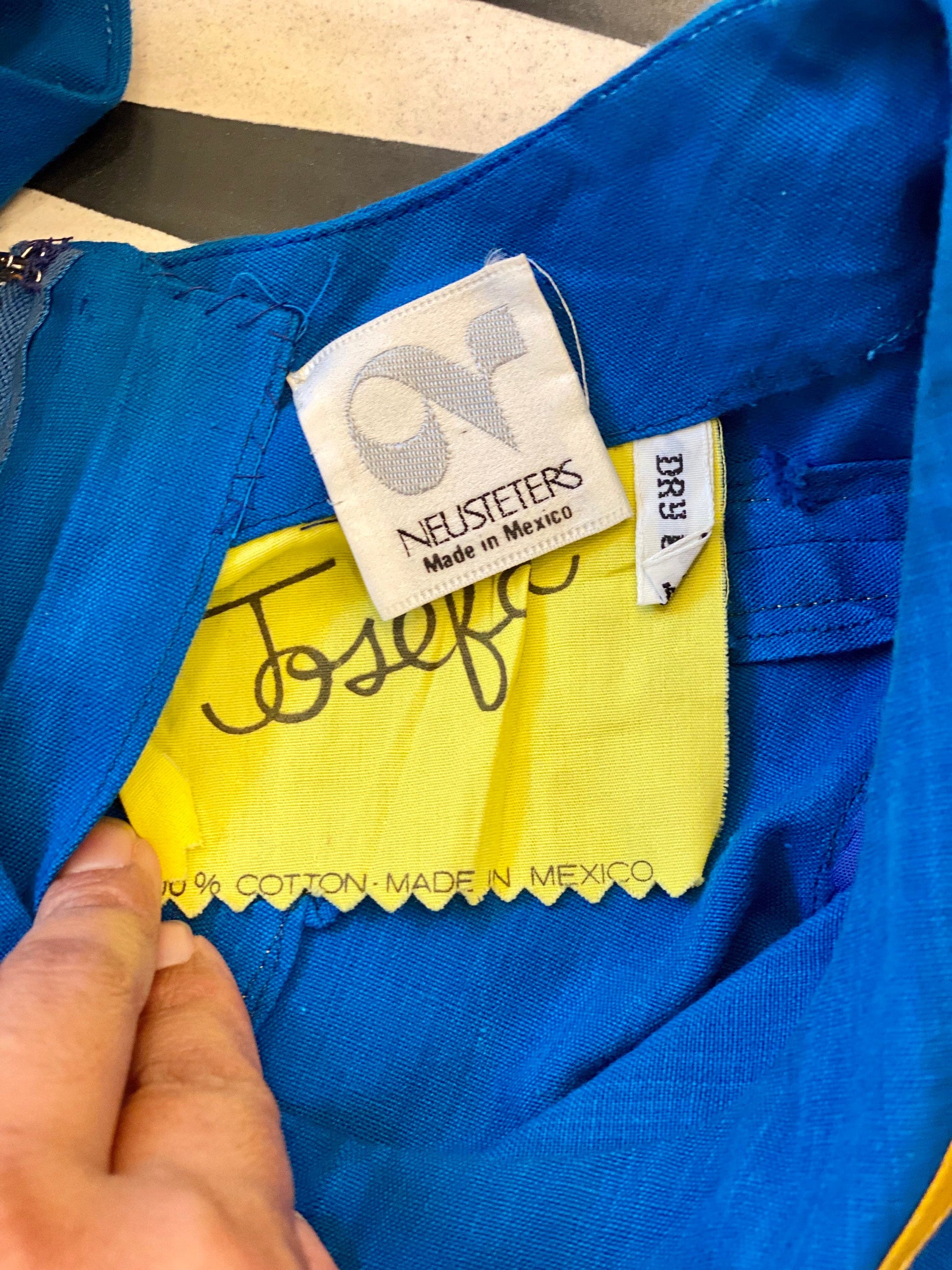 Small 70s Mexican Designer Josefa Blue Embroidered Cotton Kaftan Maxi Dress