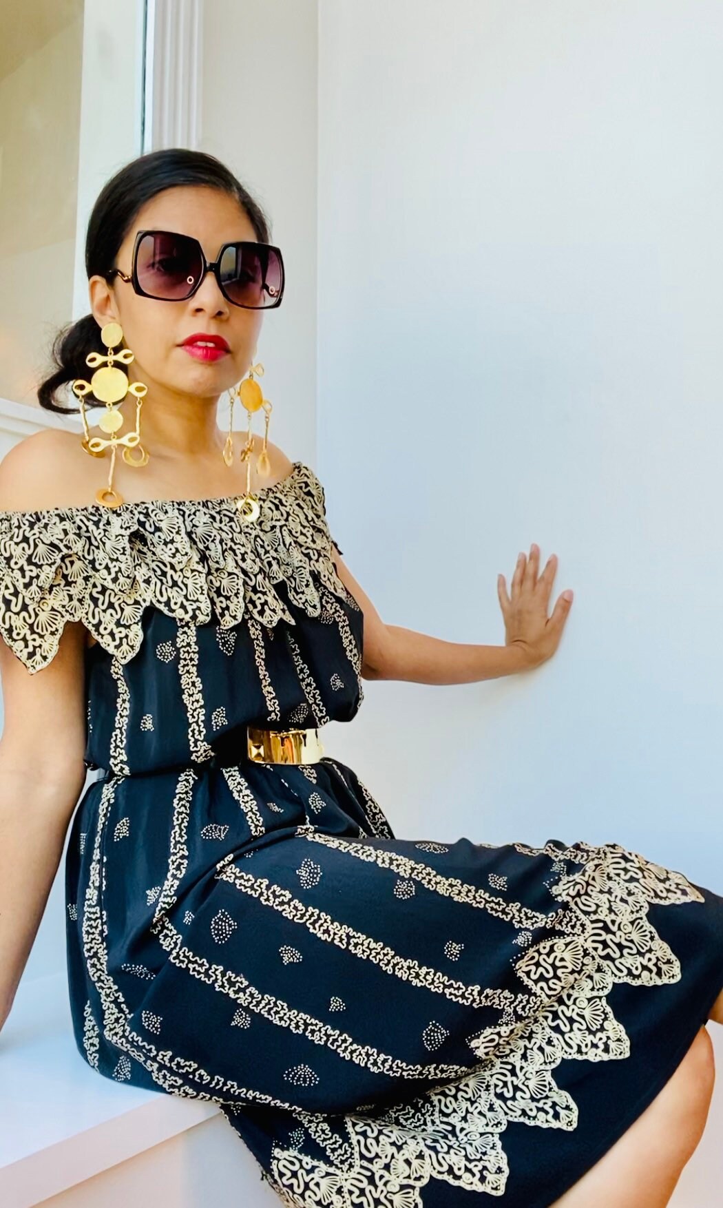 70s Zandra RHODES London Silk Iconic Print Black off The Shoulders Dress Medium