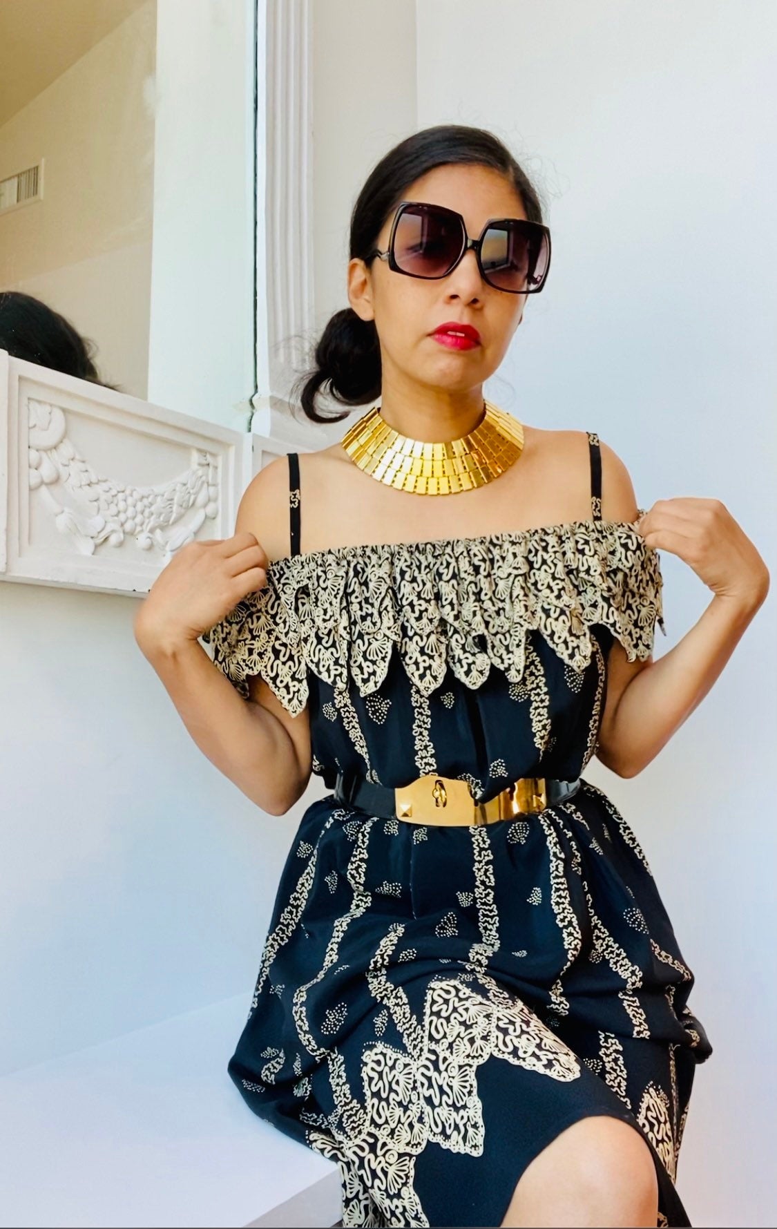 70s Zandra RHODES London Silk Iconic Print Black off The Shoulders Dress Medium