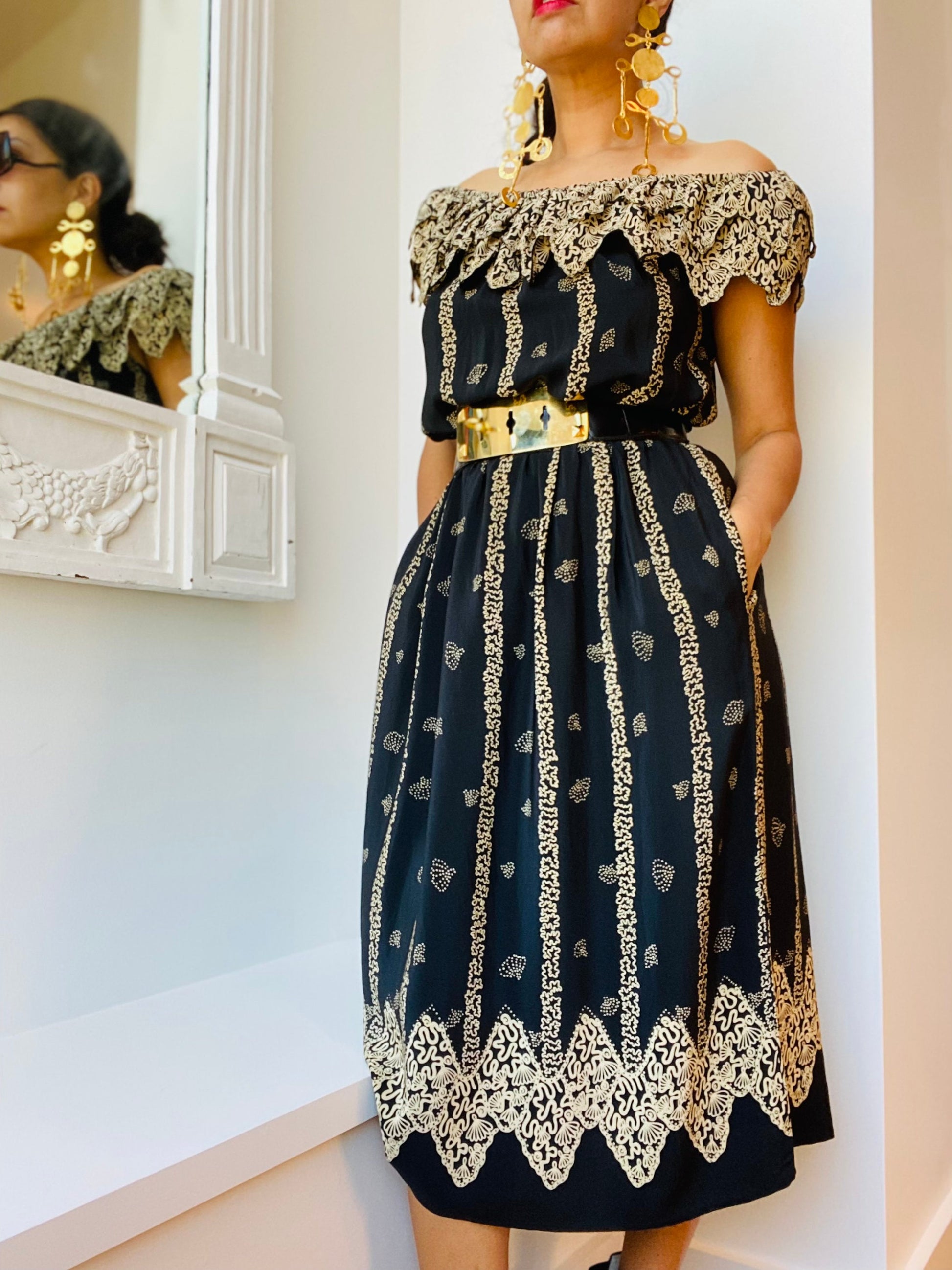 70s Zandra RHODES London Silk Iconic Print Black off The Shoulders Dress Medium