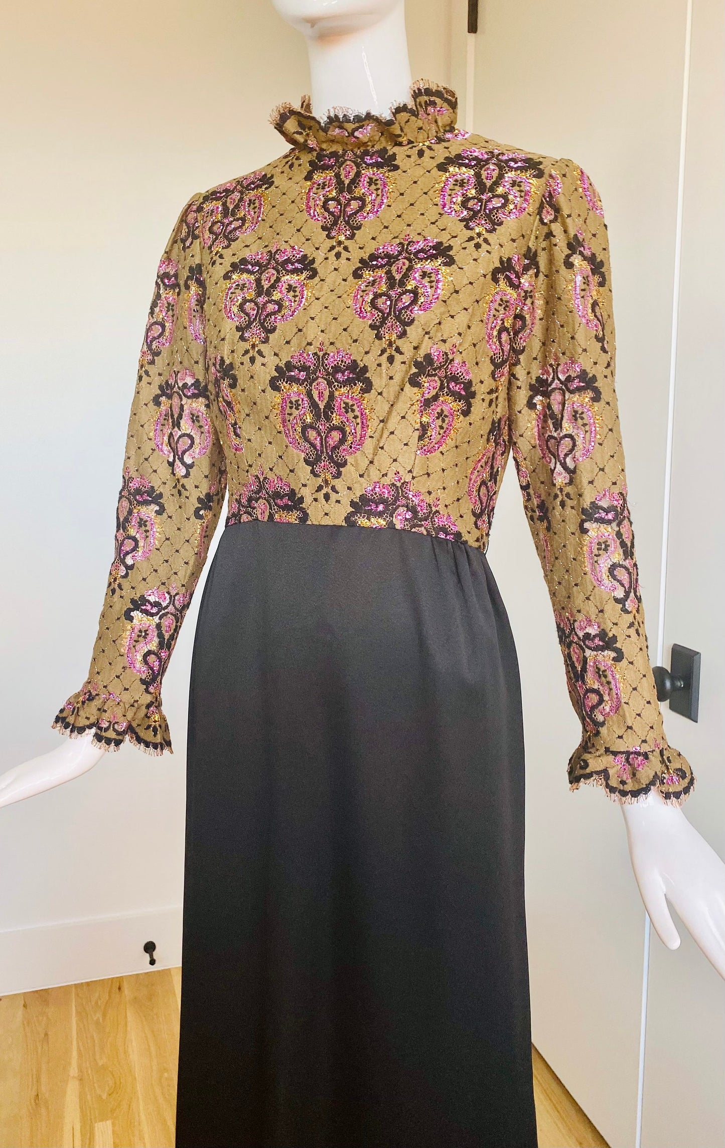 Small Late 60s Early 70s Brocade Ruffled High Collar Puffy Dramatic Long Sleeves Maxi Gown With Side Sleeves