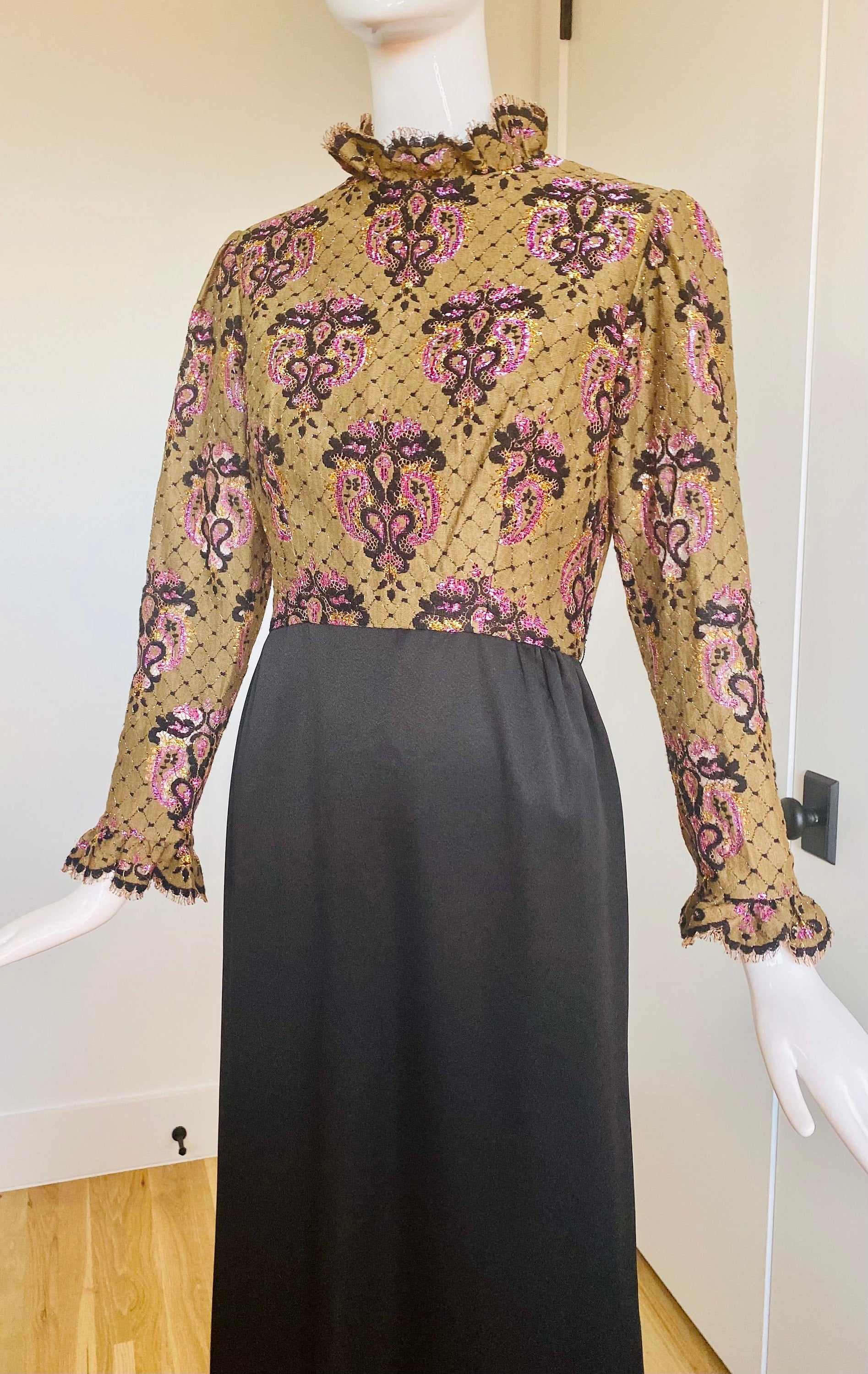 Small Late 60s Early 70s Brocade Ruffled High Collar Puffy Dramatic Long Sleeves Maxi Gown With Side Sleeves