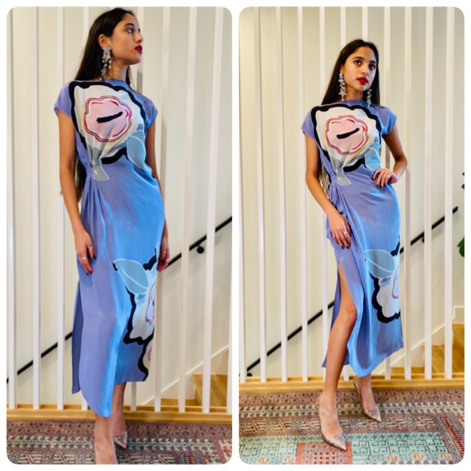 80s Michaele VOLLBRACHT Silk Floral Maxi Side Slit Dress XS P As Is