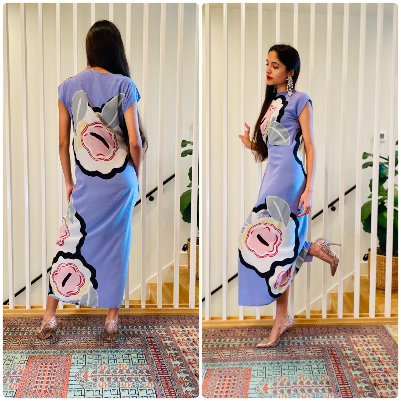 80s Michaele VOLLBRACHT Silk Floral Maxi Side Slit Dress XS P As Is