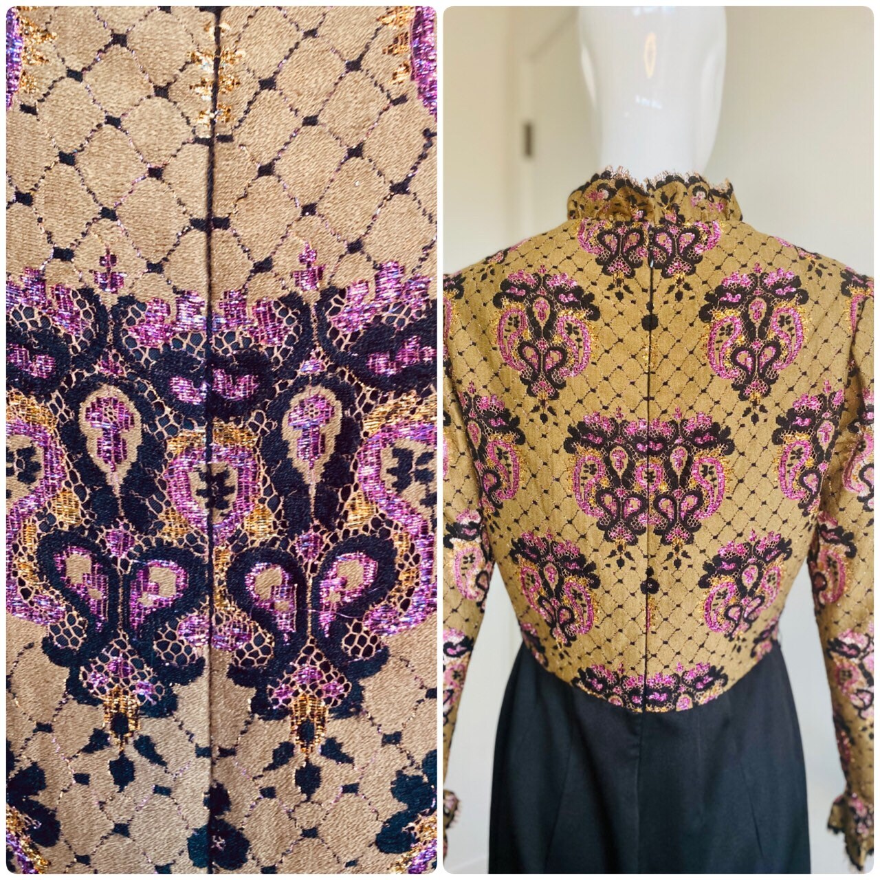 Small Late 60s Early 70s Brocade Ruffled High Collar Puffy Dramatic Long Sleeves Maxi Gown With Side Sleeves