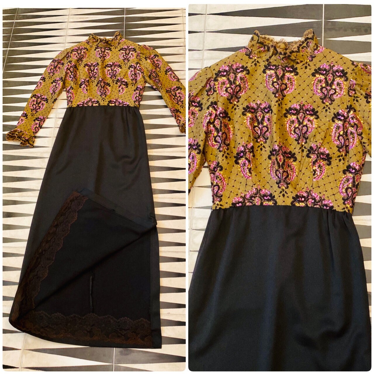 Small Late 60s Early 70s Brocade Ruffled High Collar Puffy Dramatic Long Sleeves Maxi Gown With Side Sleeves