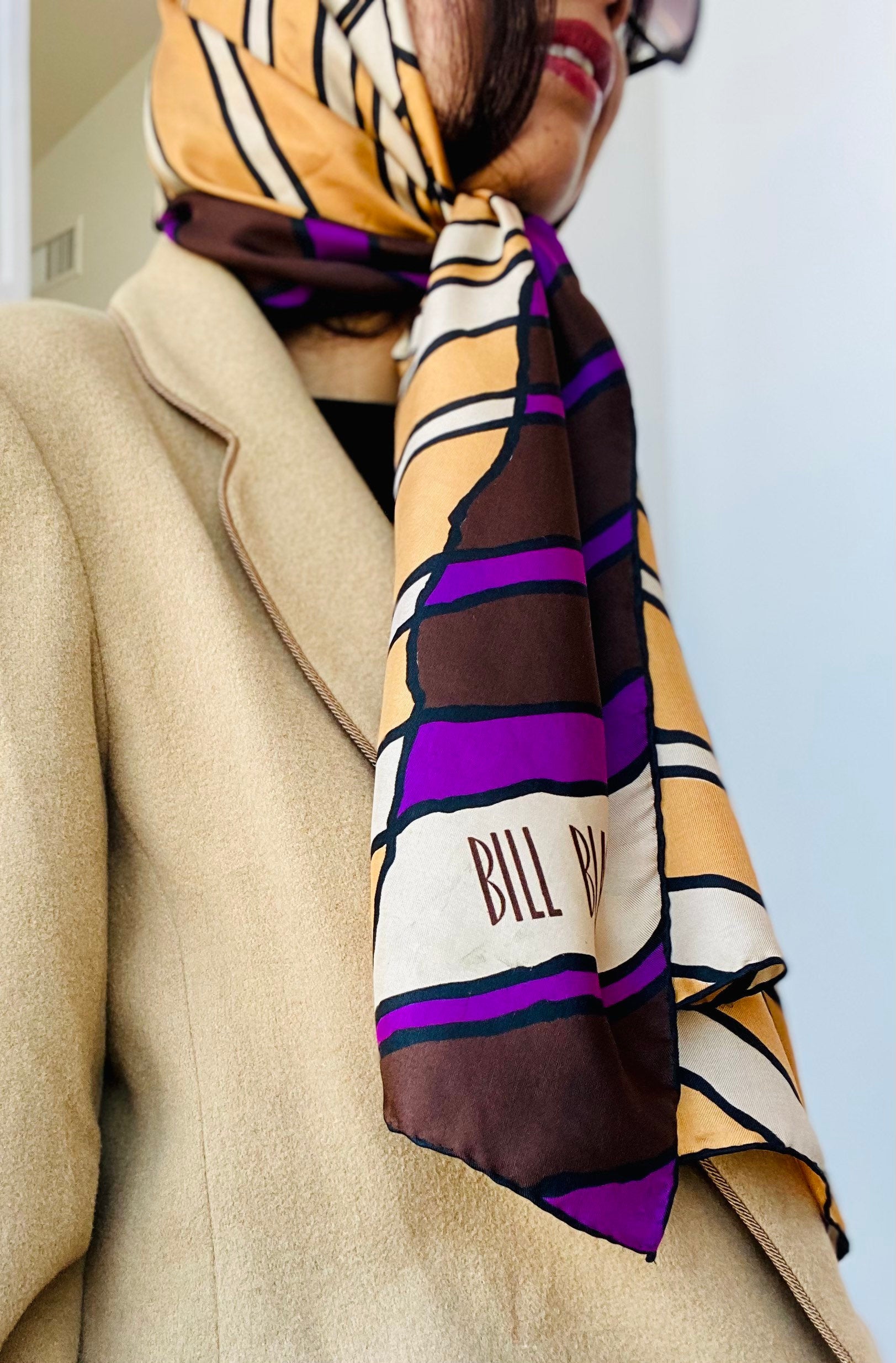 70s Groovy Retro Oversized Bill Blass Long Silk Scarf Hand Rolled 58" X 13"