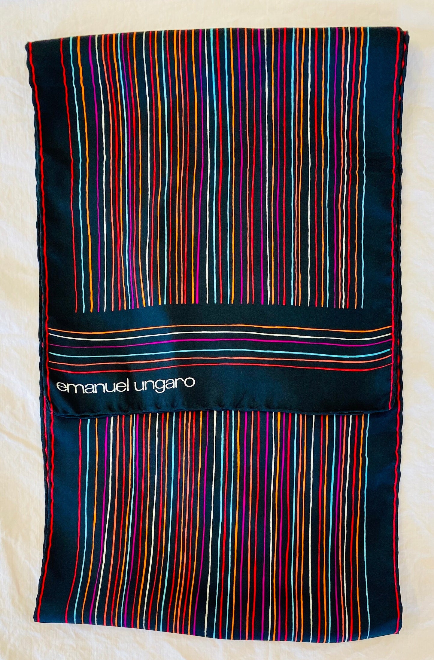 70s Retro Emanuel Ungaro Rainbow Stripe Silk Long Oversized Scarf Hand Rolled 62" X 11"