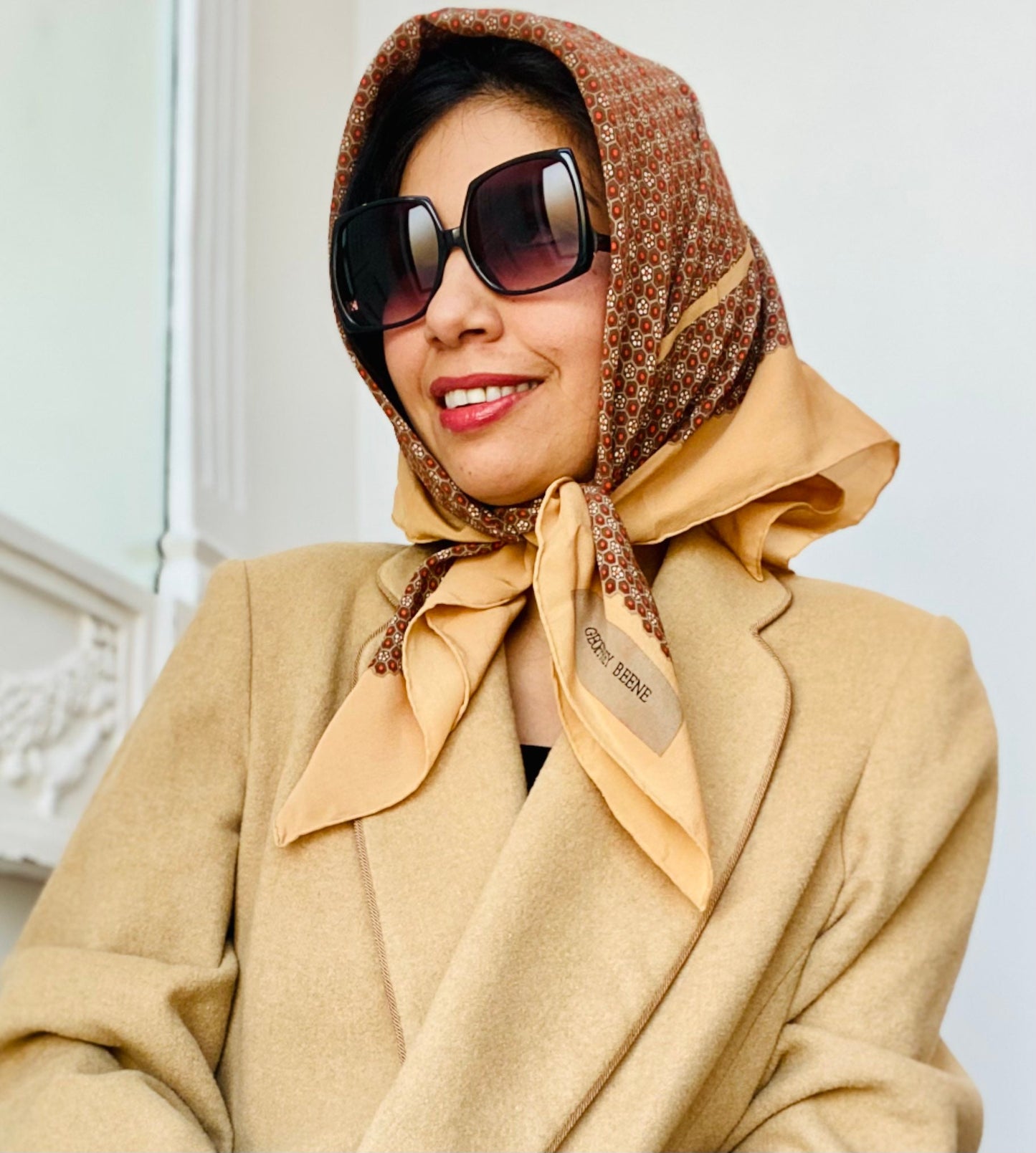 70s Geoffrey Beene Oversized Square Neutral Color Silk Scarf Hand Rolled Finish 30" X 31"