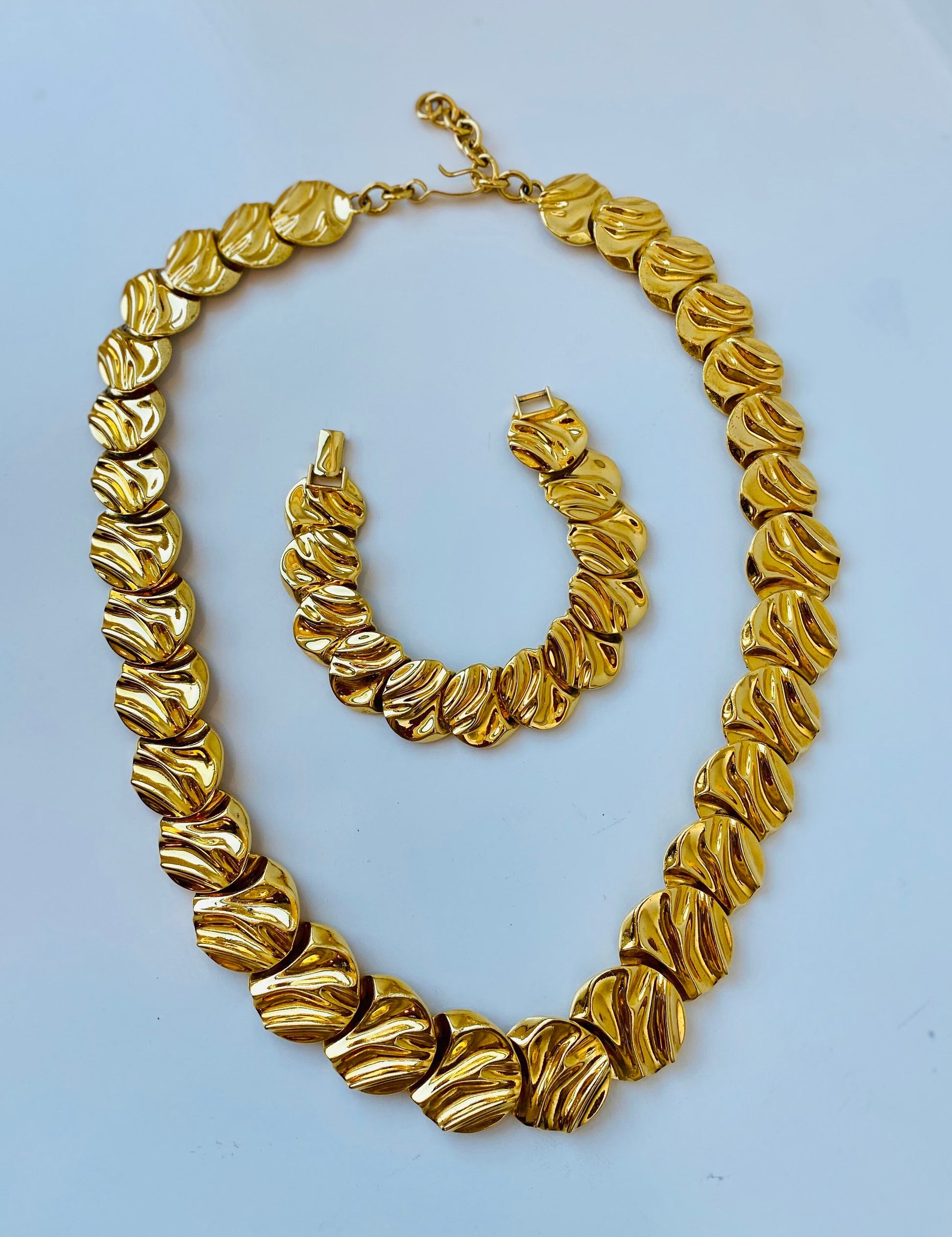 80s Signed Monet Gold Plated Chunky Long Linked Necklace and Bracelet Set