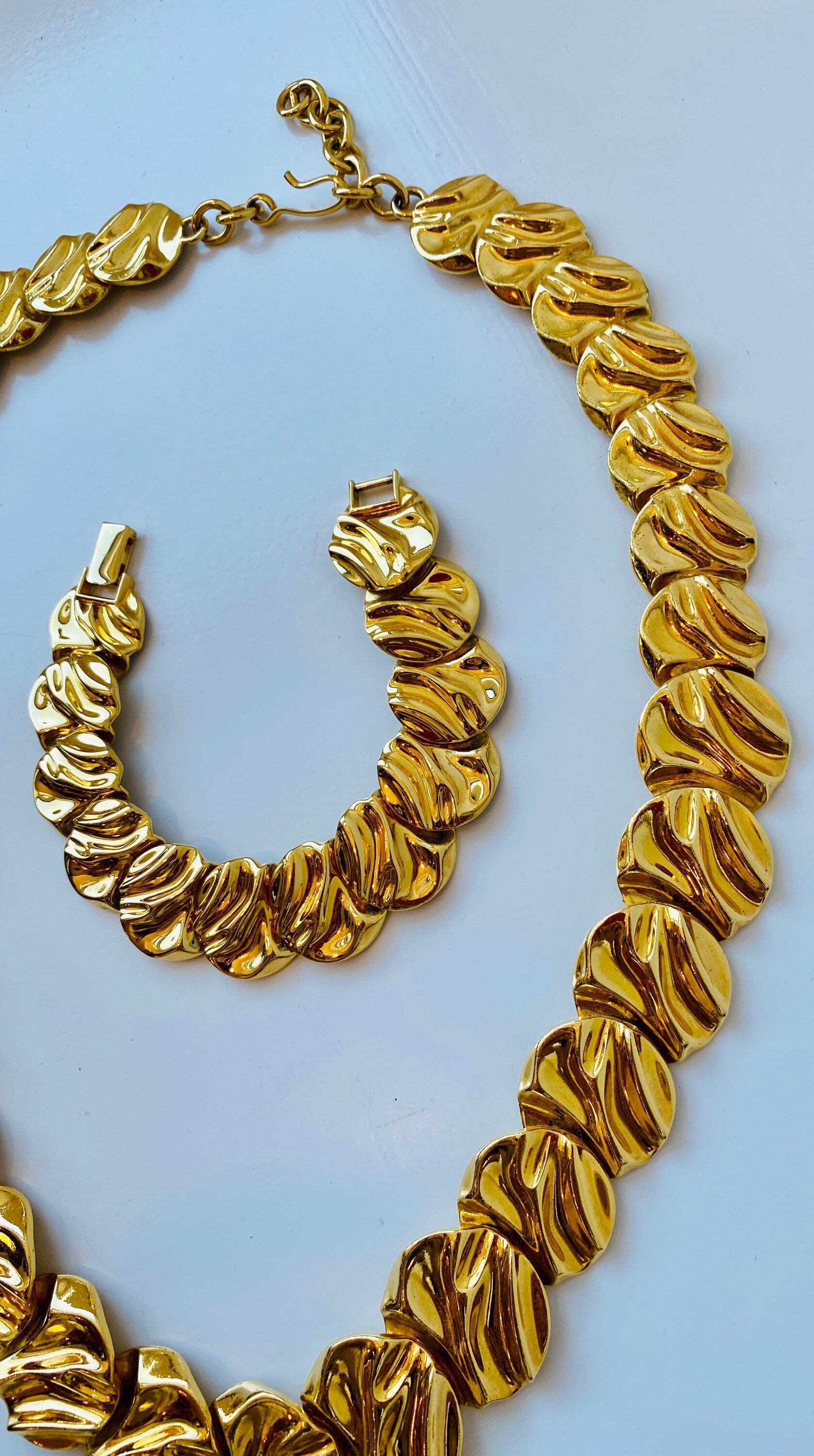 80s Signed Monet Gold Plated Chunky Long Linked Necklace and Bracelet Set
