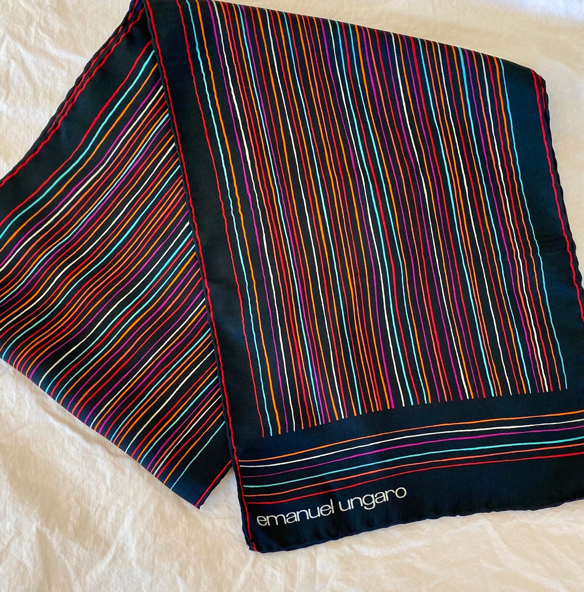 70s Retro Emanuel Ungaro Rainbow Stripe Silk Long Oversized Scarf Hand Rolled 62" X 11"