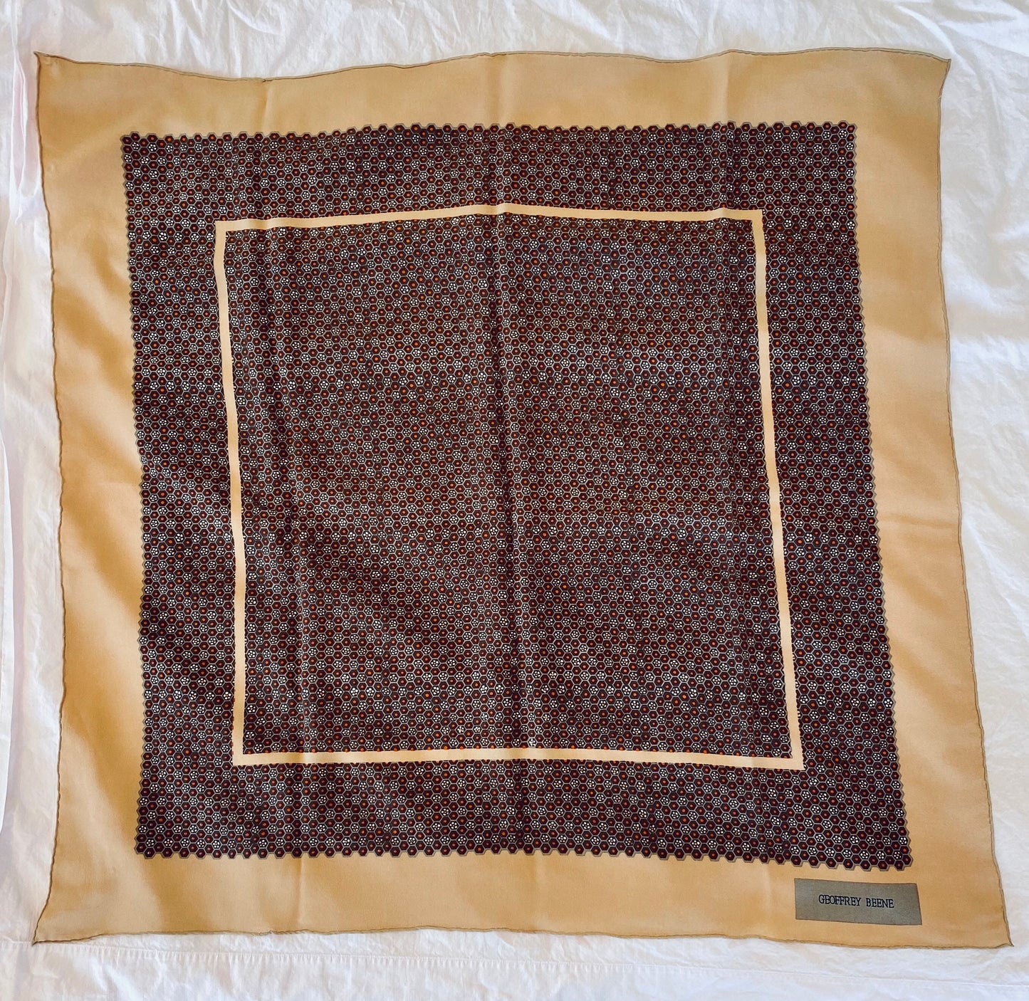 70s Geoffrey Beene Oversized Square Neutral Color Silk Scarf Hand Rolled Finish 30" X 31"