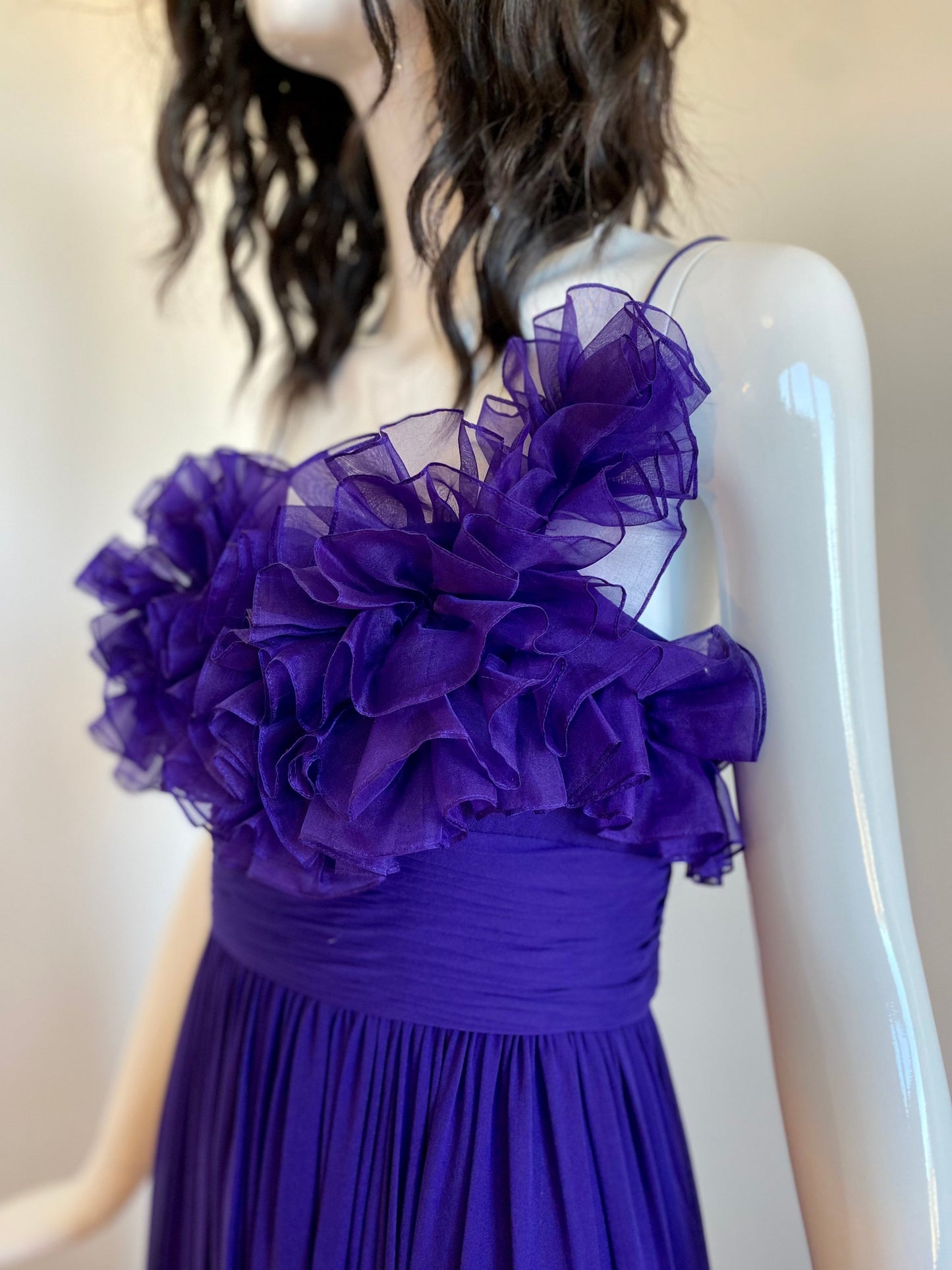 MARCHESA Notte Purple Silk Chiffon Ruffled 3D Strappy Maxi Gown Size 4