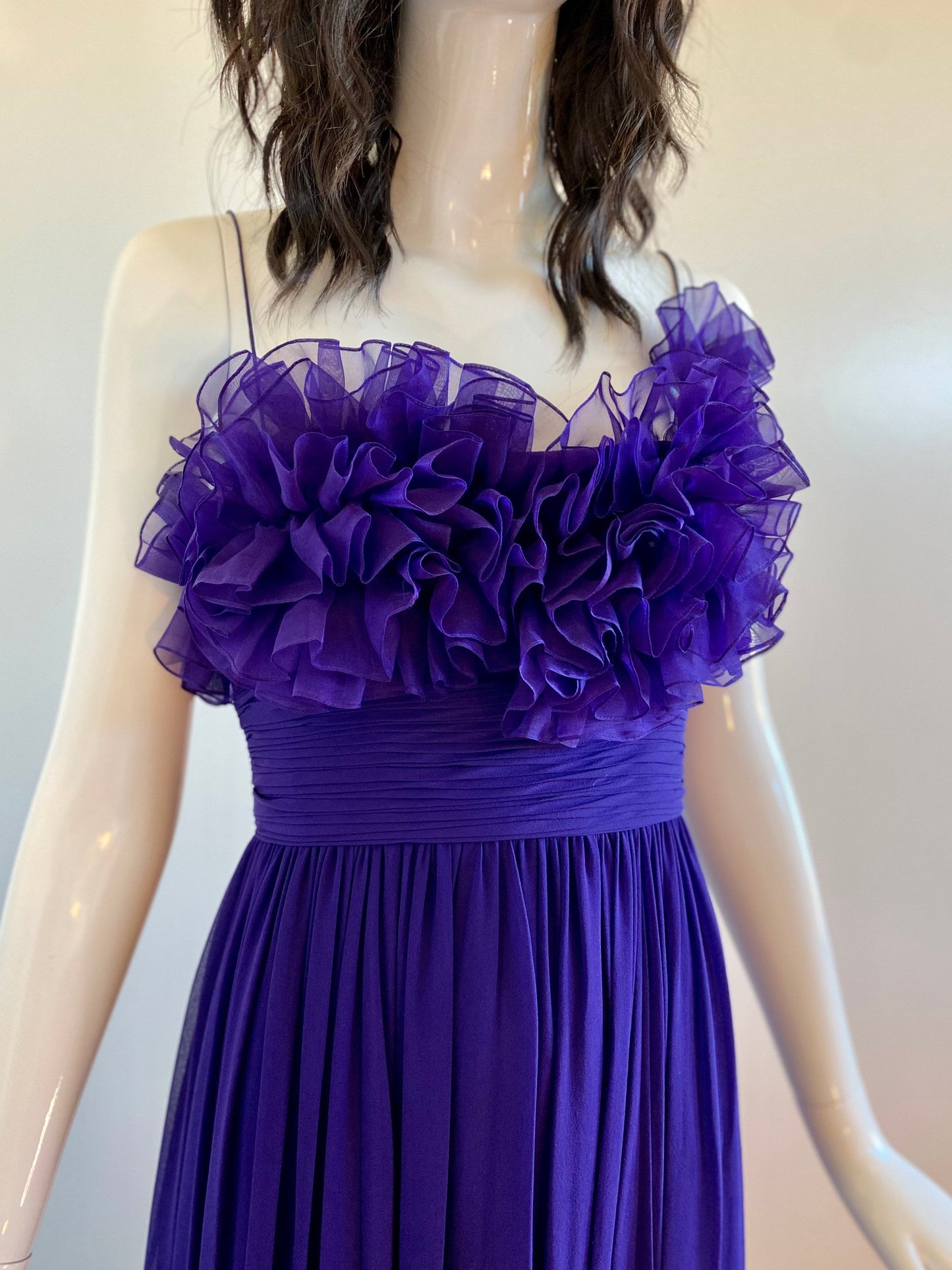 MARCHESA Notte Purple Silk Chiffon Ruffled 3D Strappy Maxi Gown Size 4